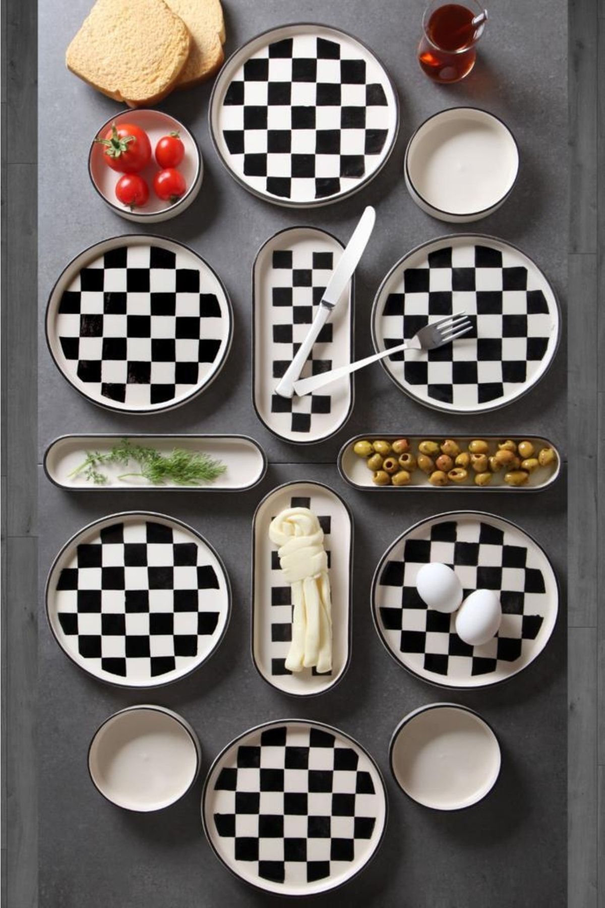 Çavdar Group 14 Parça 6 Kişilik Stackable Dama Desen Kahvaltı Takımı Handmade Özel Tasarım Kahvaltılık