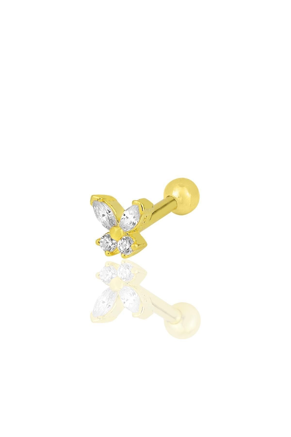 Söğütlü Silver Gümüş Altın Yaldızlı Baget Taşlı Kelebek Modeli Tragus Helix Piercing Küpe