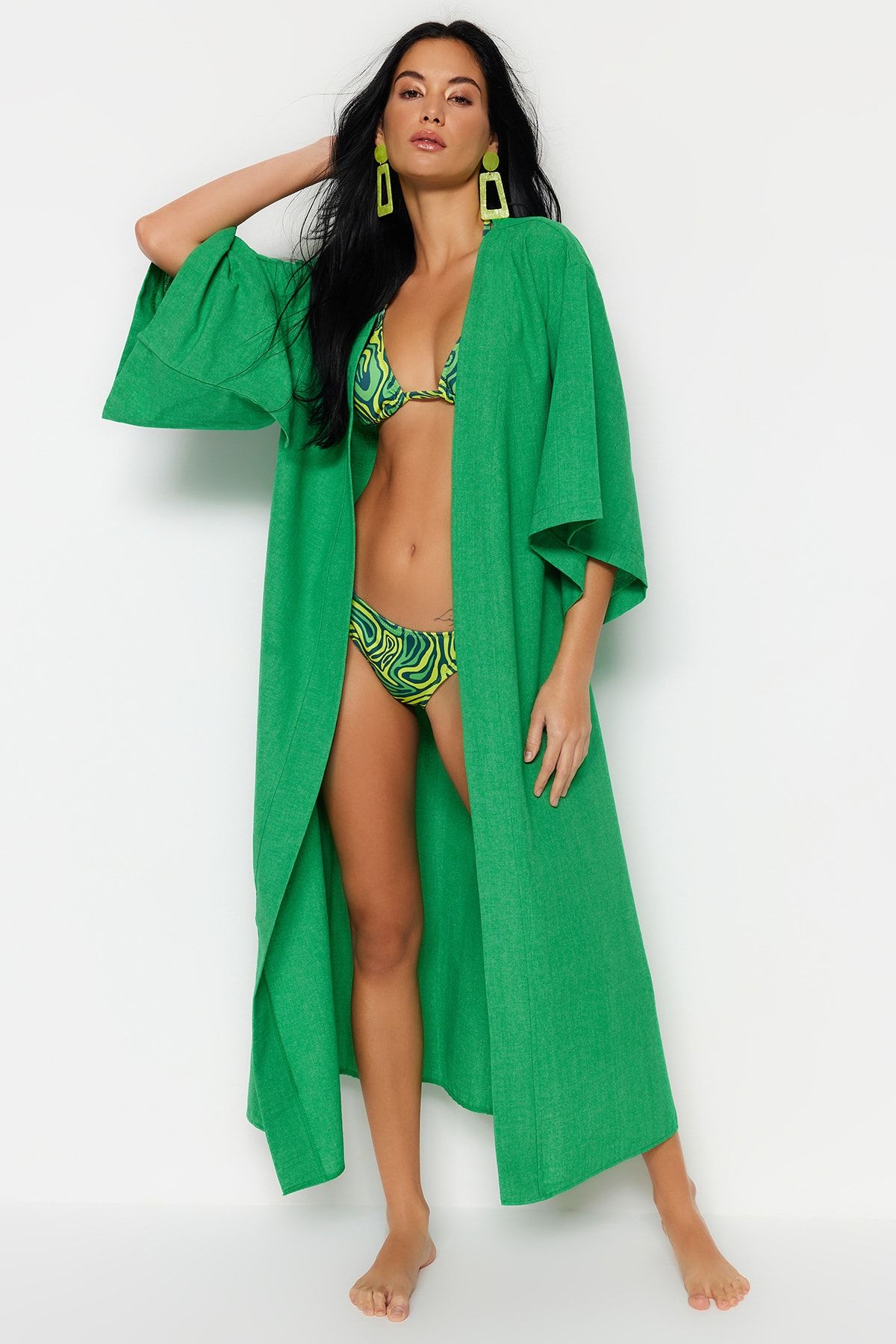 TRENDYOLMİLLA Yeşil Kuşaklı Maxi Dokuma Keten Görünümlü Kimono&Kaftan TBESS23KM00058