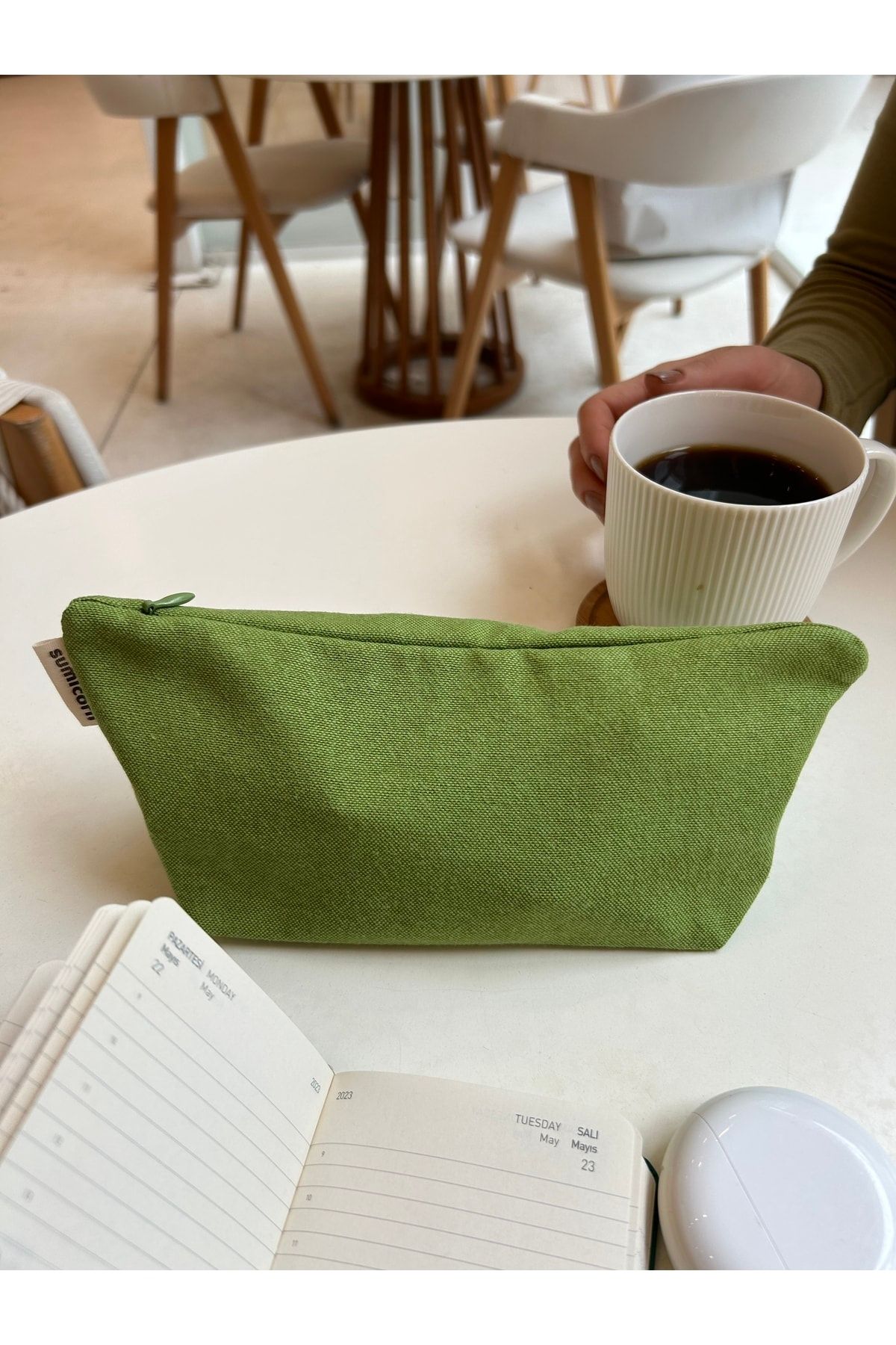 Sumicorn Design Soft Yeşil Yıkanabilir Fermuarlı Tek Gözlü Bez Kalemlik Kalem Kutusu Cüzdan Makyaj Çantası