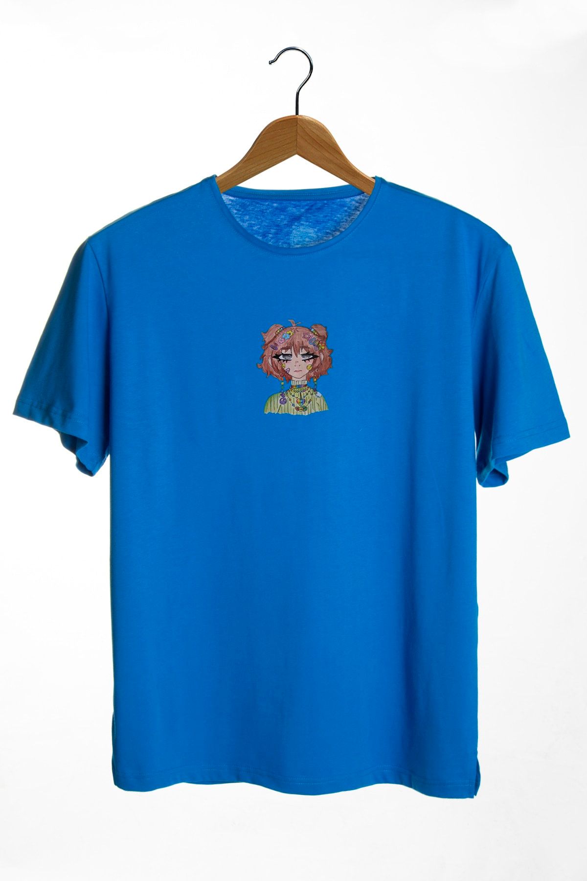 VEAVEN Kadın Mavi Bisiklet Yaka Önü Anime Kızı Baskılı Oversize T-shirt