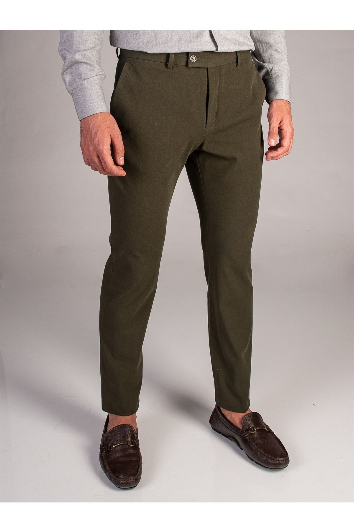 Dufy Haki Armür Pamuk Likra Karışımlı Erkek Pantolon - Slim Fit