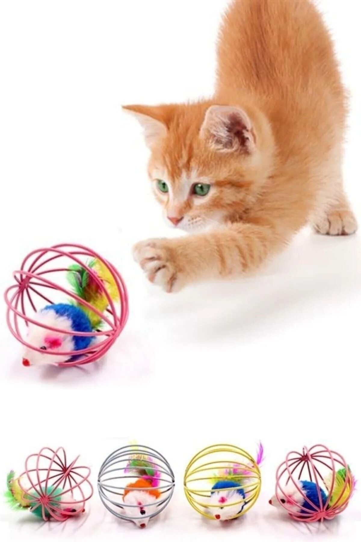 Dream Plus Metal Kafesli Renkli Peluş Fareli Kedi Köpek Oyuncağı Oyun Topu 6 Cm
