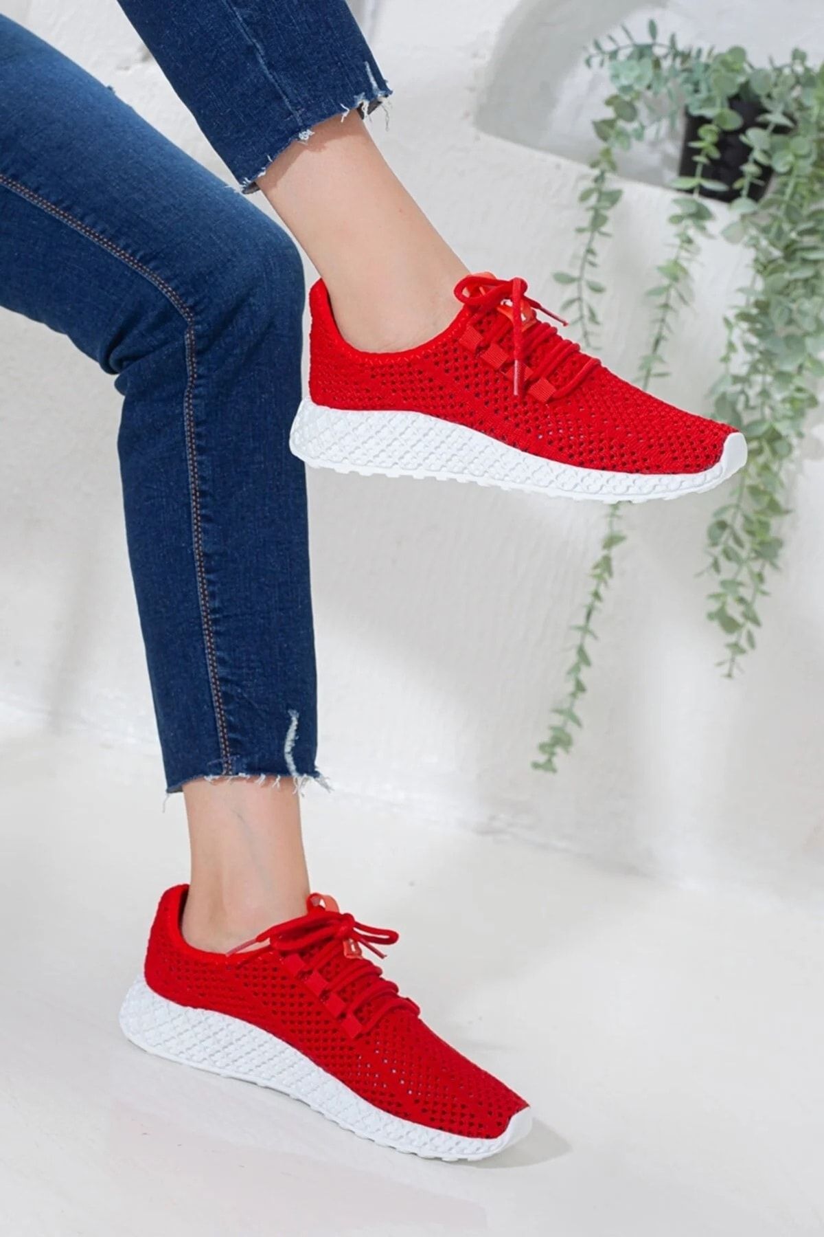 MELİKMERT Kadın Kırmızı Beyaz Triko Bez Günlük Rahat Spor Ayakkabı