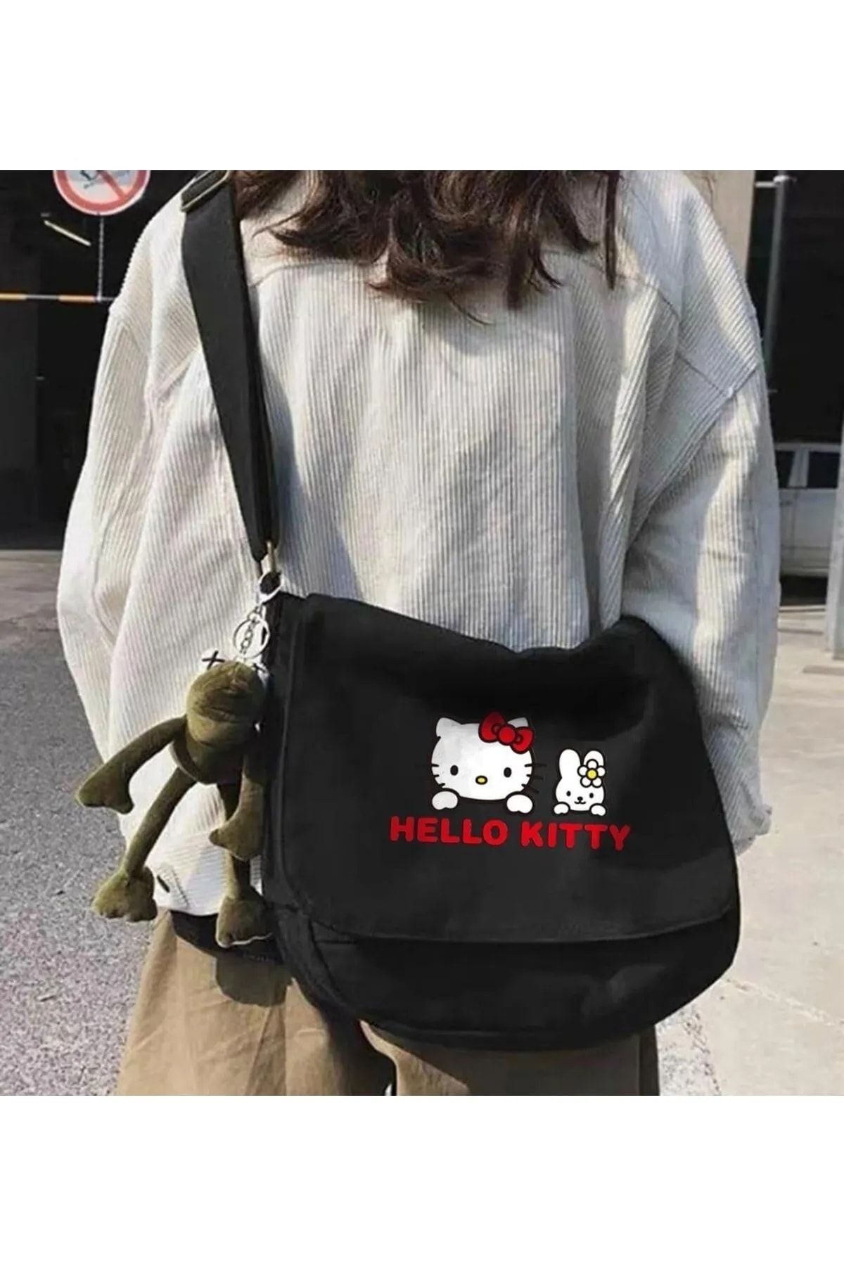 Gofeel Hello Kitty Baskılı Postacı Çanta Unisex Iç Hacmi Geniş Siyah Postacı Çanta