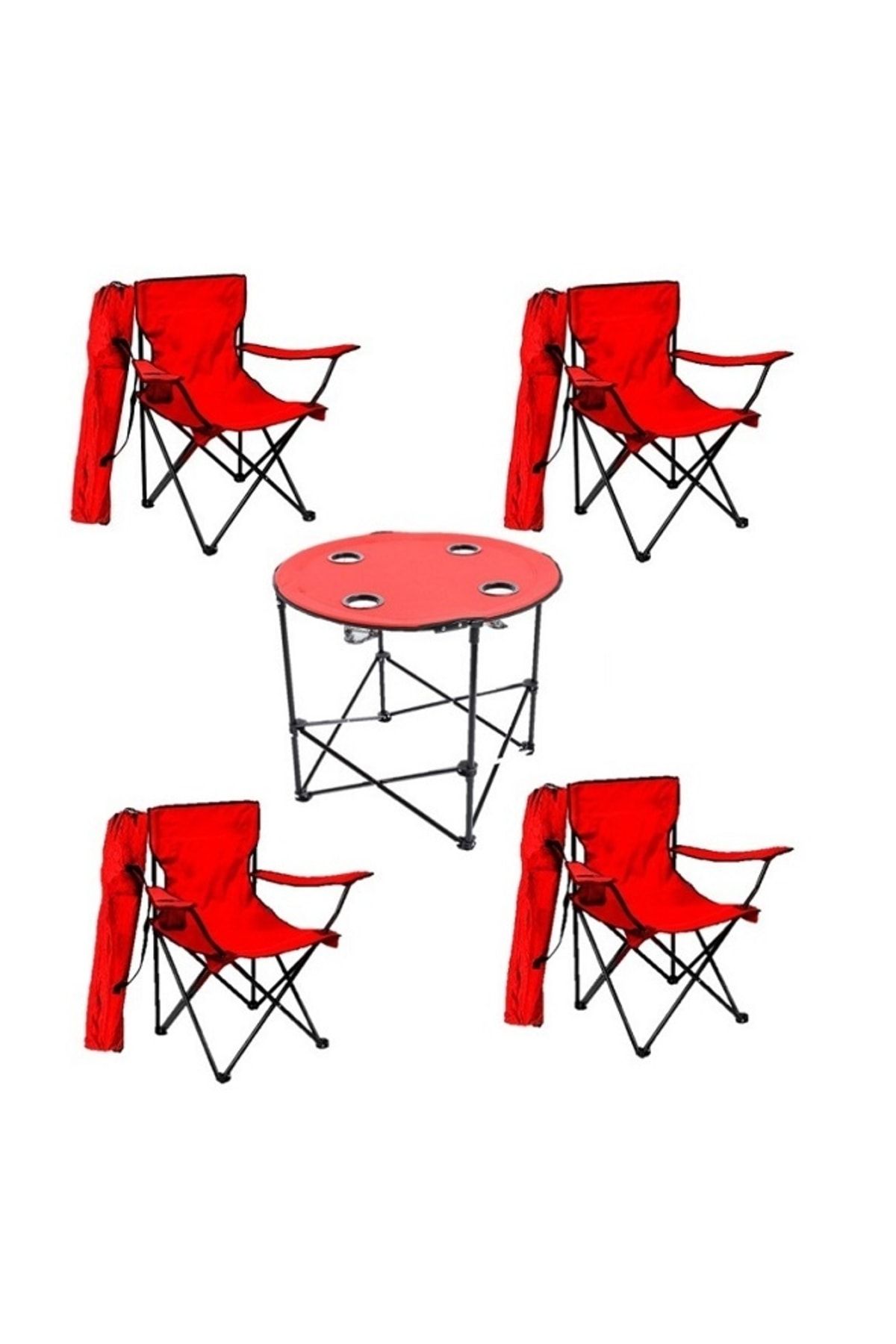 FOUR SEASON 4 Adet Kırmızı Katlanır Kamp Sandalyesi 1 Adet Masa Kamp Piknik Masası Çantalı Seti
