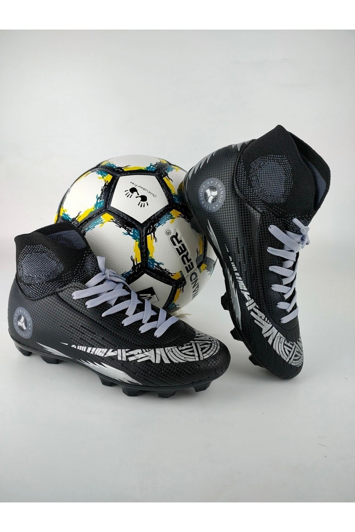 Amanal Bilekli Çocuk Çoraplı Krampon Futbol Ayakkabısı Dişli Çim Saha Halı Saha 142 Siyah Gümüş