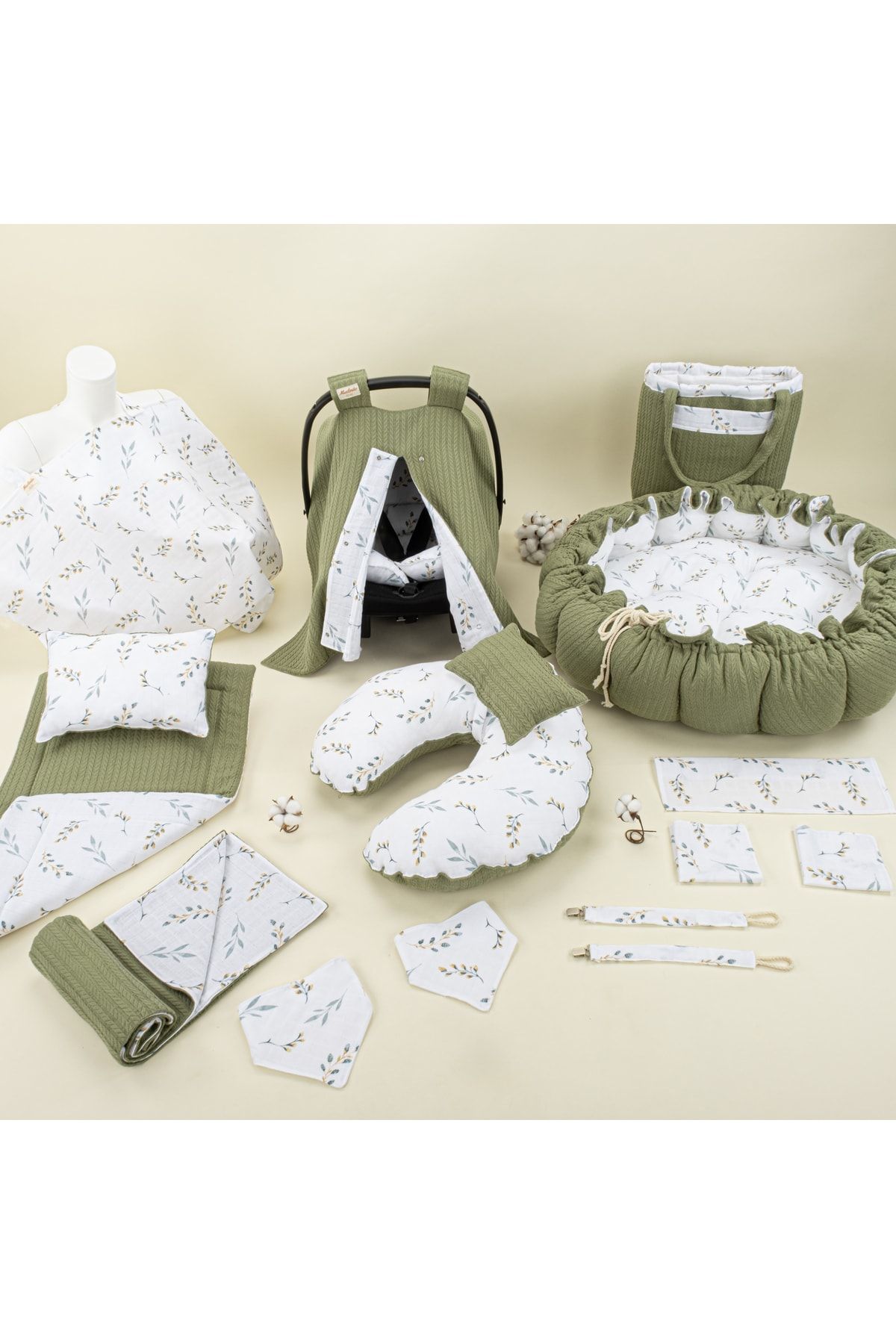 Yunikobaby 15 Parça Set - Yeşil Örgü - Yapraklar Puset Seti,yuvarlak Babynest,emzirme Yastığı Ve Önlüğü,çanta