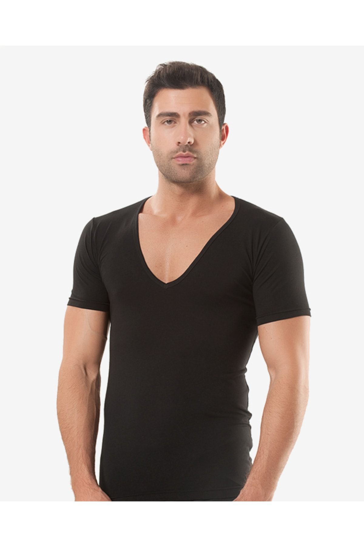 Elegant 2 Adet Erkek Modal Likralı Derin V Yaka Sporcu T-shirt