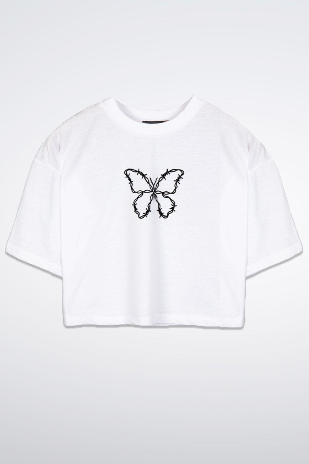 Sekizbiraltı Kelebek Baskılı Beyaz Kemer Boy Kadın Oversize Tshirt