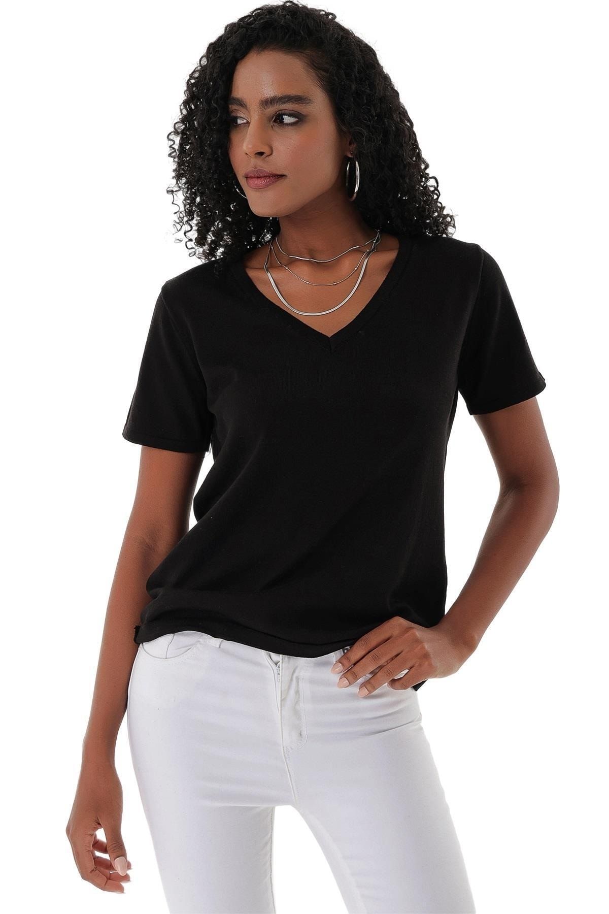 CHUBA Kadın V Yaka Pamuklu Basic Ince Triko T-shirt Siyah 23s1003