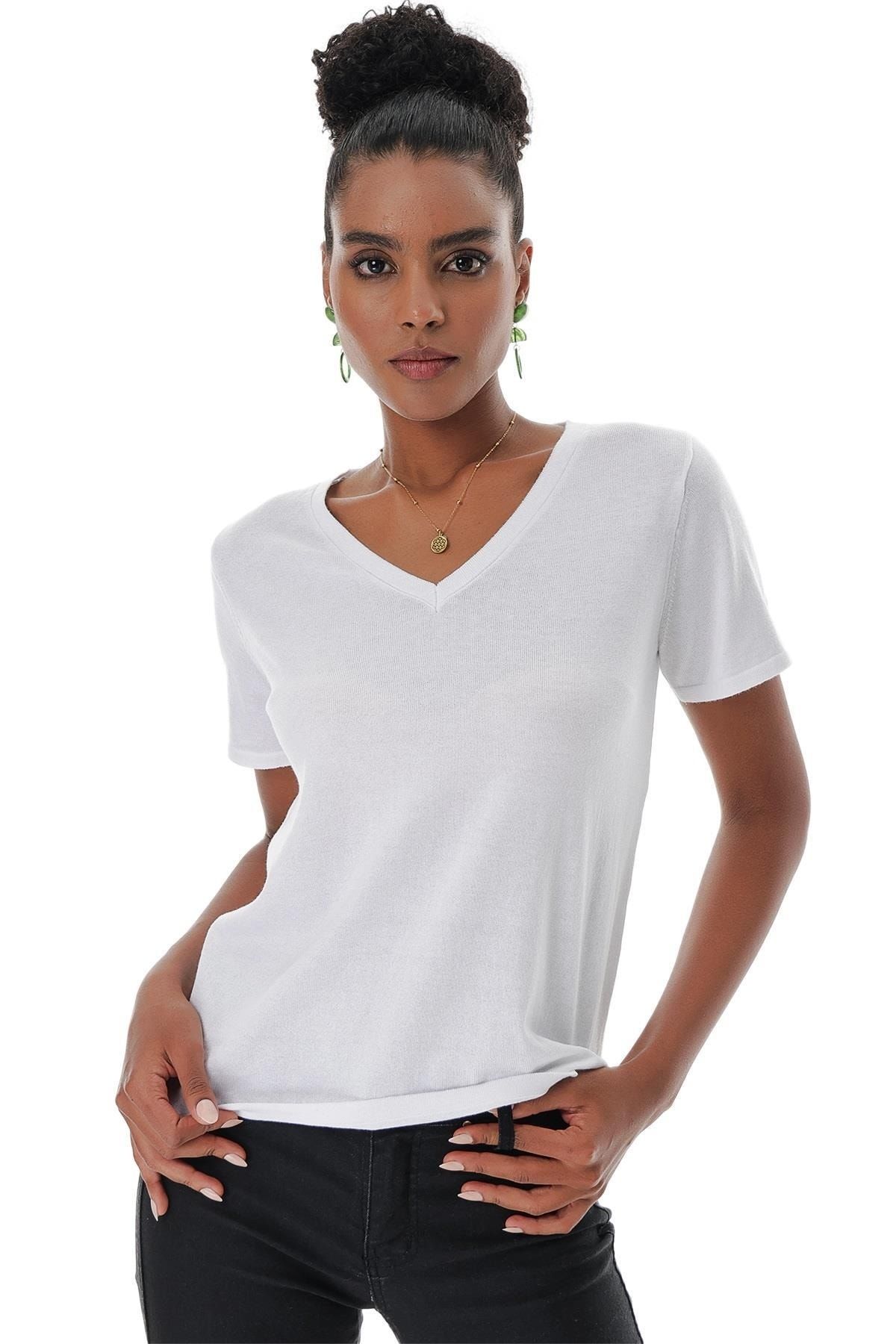 CHUBA Kadın V Yaka Pamuklu Basic Ince Triko T-shirt Beyaz 23s1003