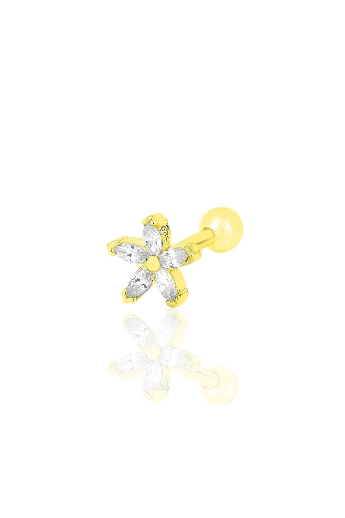 Söğütlü Silver Gümüş Altın Yaldızlı Zirkon Taşlı Çiçek Modeli Tragus Helix Piercing Küpe