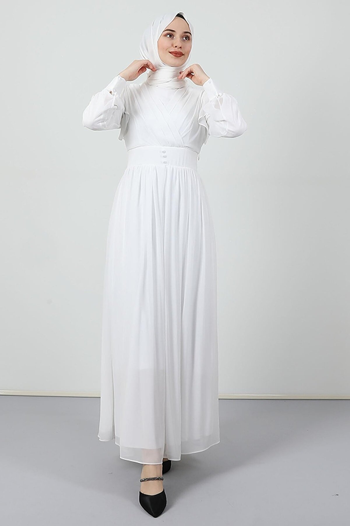 Giza Giyim Fırfırlı Düğme Detay Elbise Beyaz