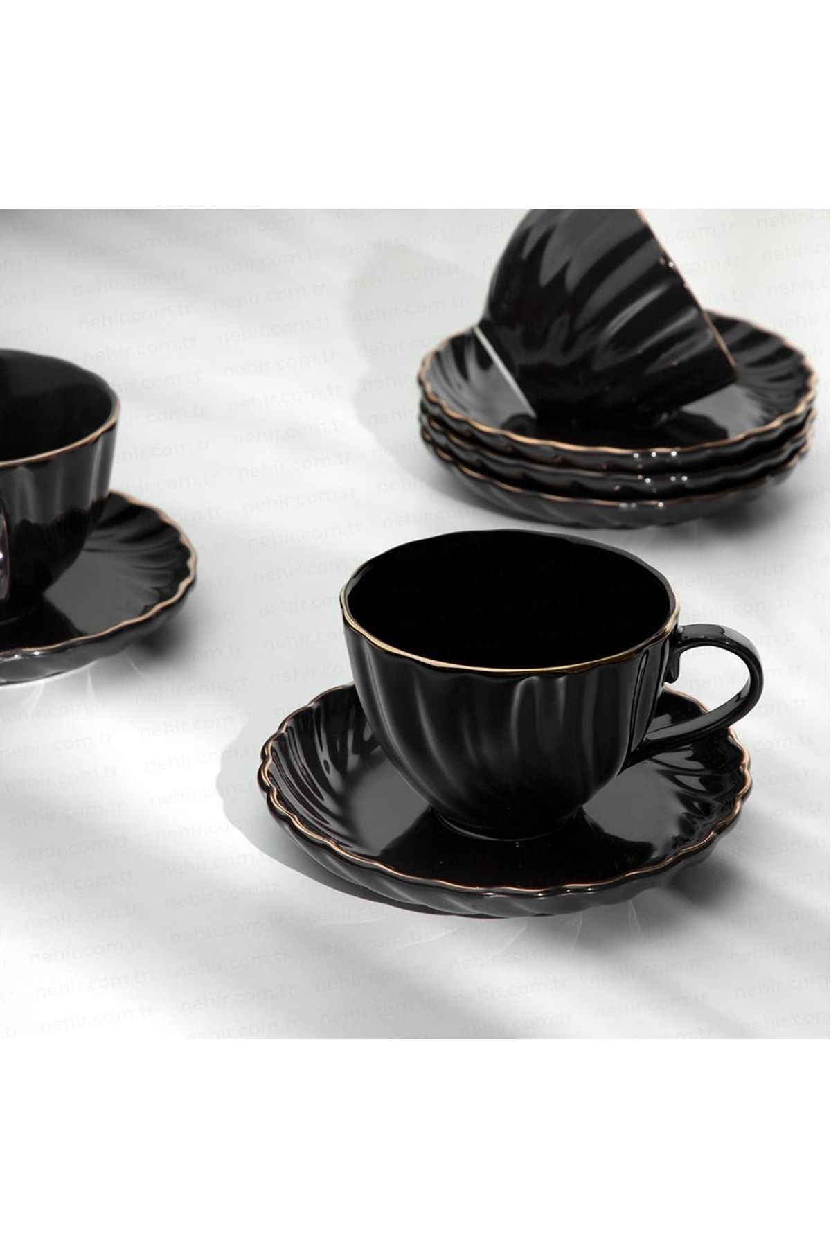 Nehir Porselen Sedef Yaldızlı Kahve Fincan Takımı Seti 6 Kişilik Siyah