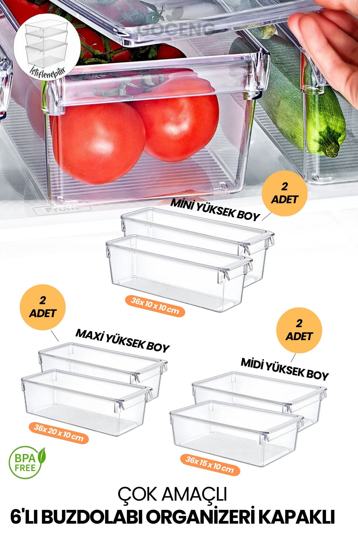GOCENG 6'lı Kapaklı Maxi Midi Ve Mini Boy Buzdolabı Organizeri Şeffaf Çok Amaçlı Mutfak Düzenleyici
