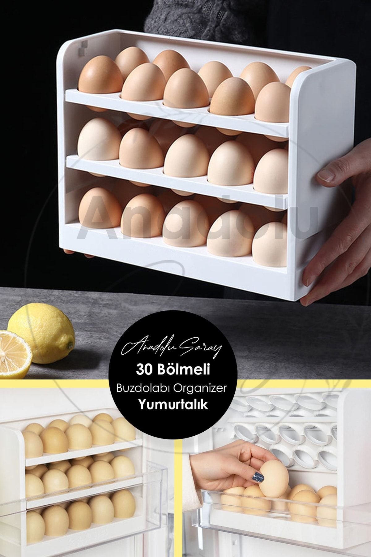 Anadolu Saray Çarşısı Pratik 30 Bölmeli Buzdolabı Yumurta Organizeri | Yumurtalık 3 Katlı Yumurta Rafı Saklama Kabı
