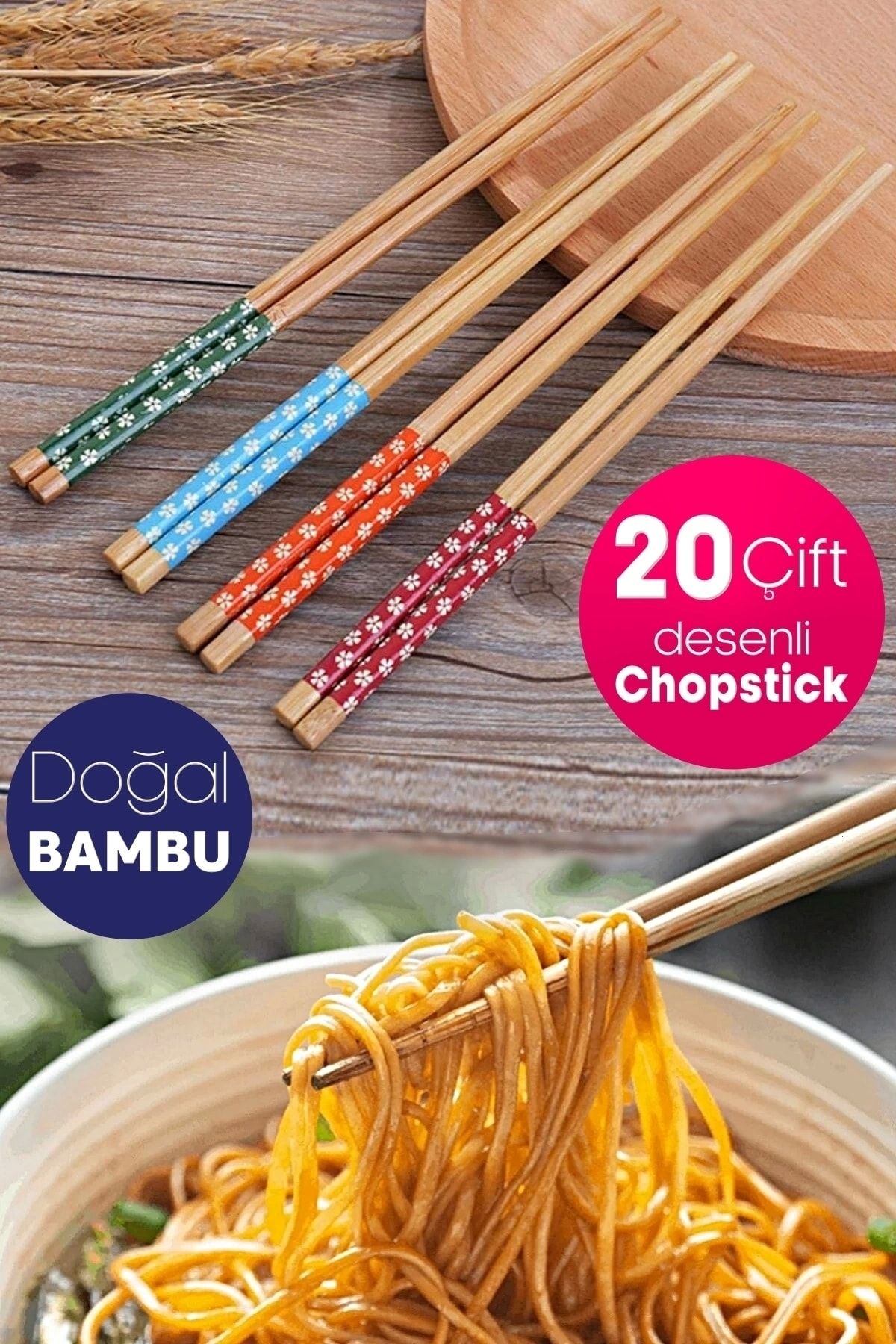 Tilbe Home 20 Çift Bambu Chopstick Desenli Yıkanabilir Kore Çin Yemek Çubuğu El Yapımı Doğal Ahşap Sushi Çubuk