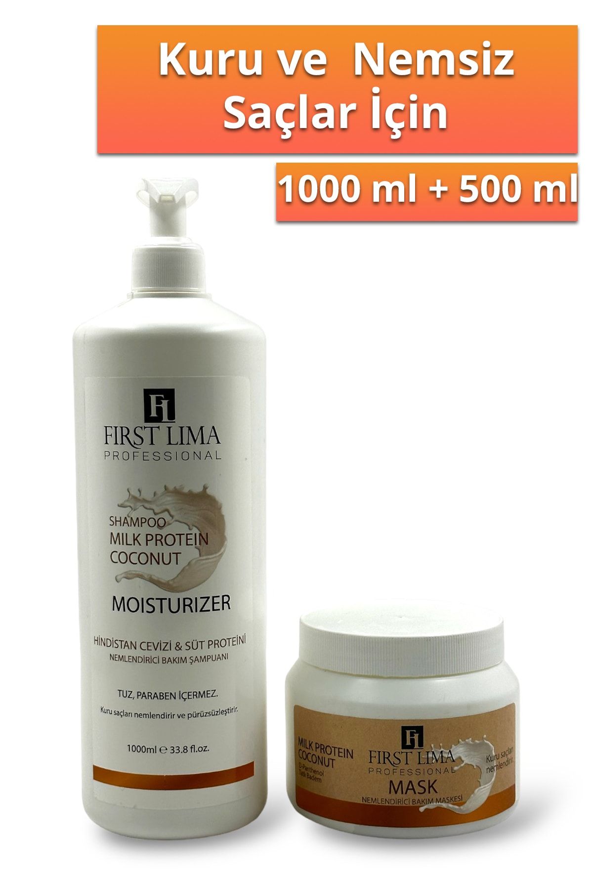 First Lima Professional Kuru Saçlar Için Tuzsuz Süt Proteini & Hindistan Cevizi Nemlendirici Şampuan Ve Bakım Maskesi
