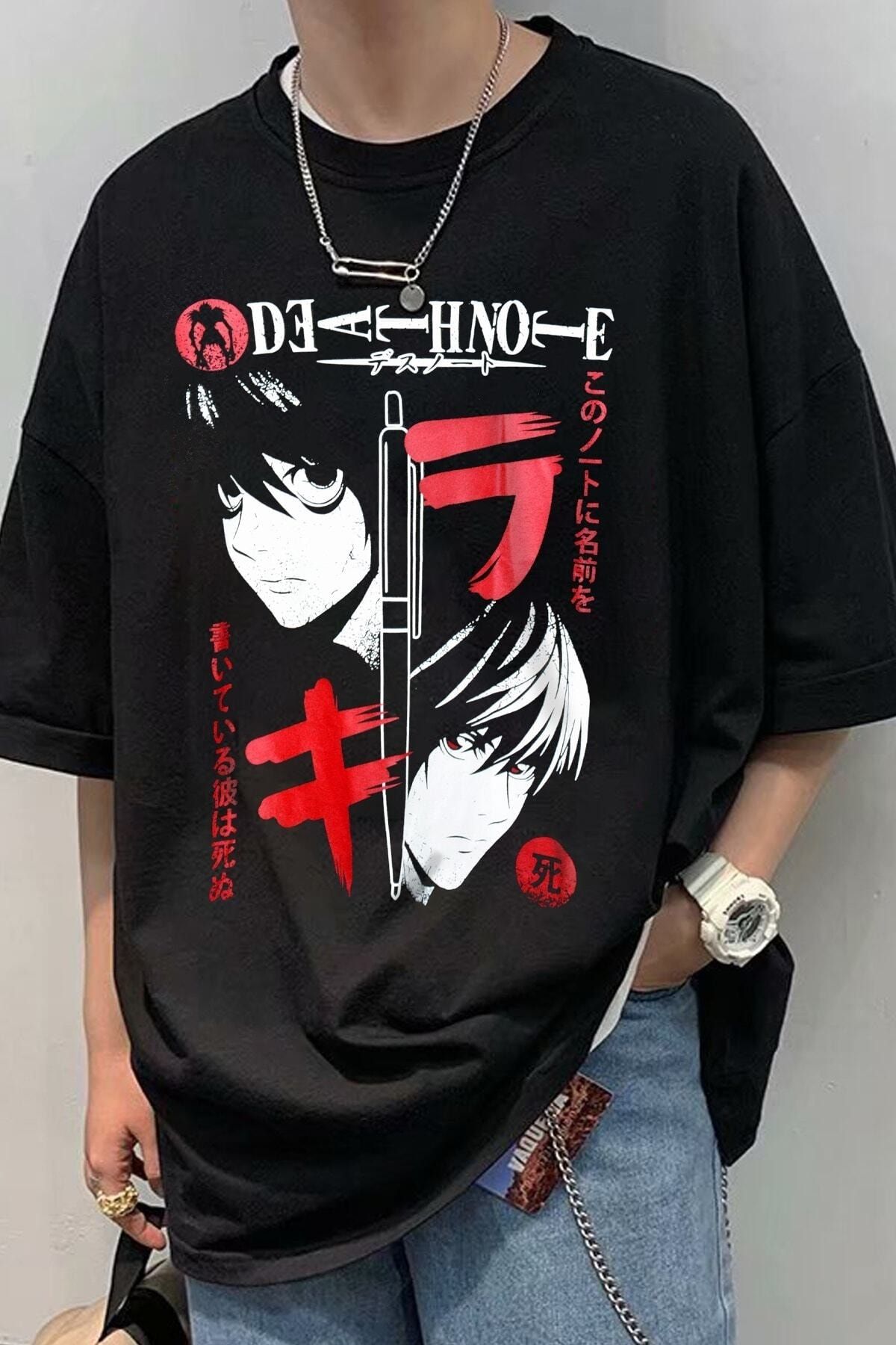 Hunors Sportswear & Company Siyah Renk Death Note Baskılı Unisex Oversize Anime T-shirt