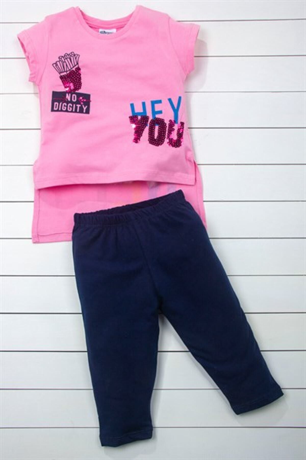 Panolino Kız Çocuk % 100 Pamuk&cotton Pembe Renk T-shirt Lacivert Renk Tayt Alt Üst 2'li Takım 4828-p
