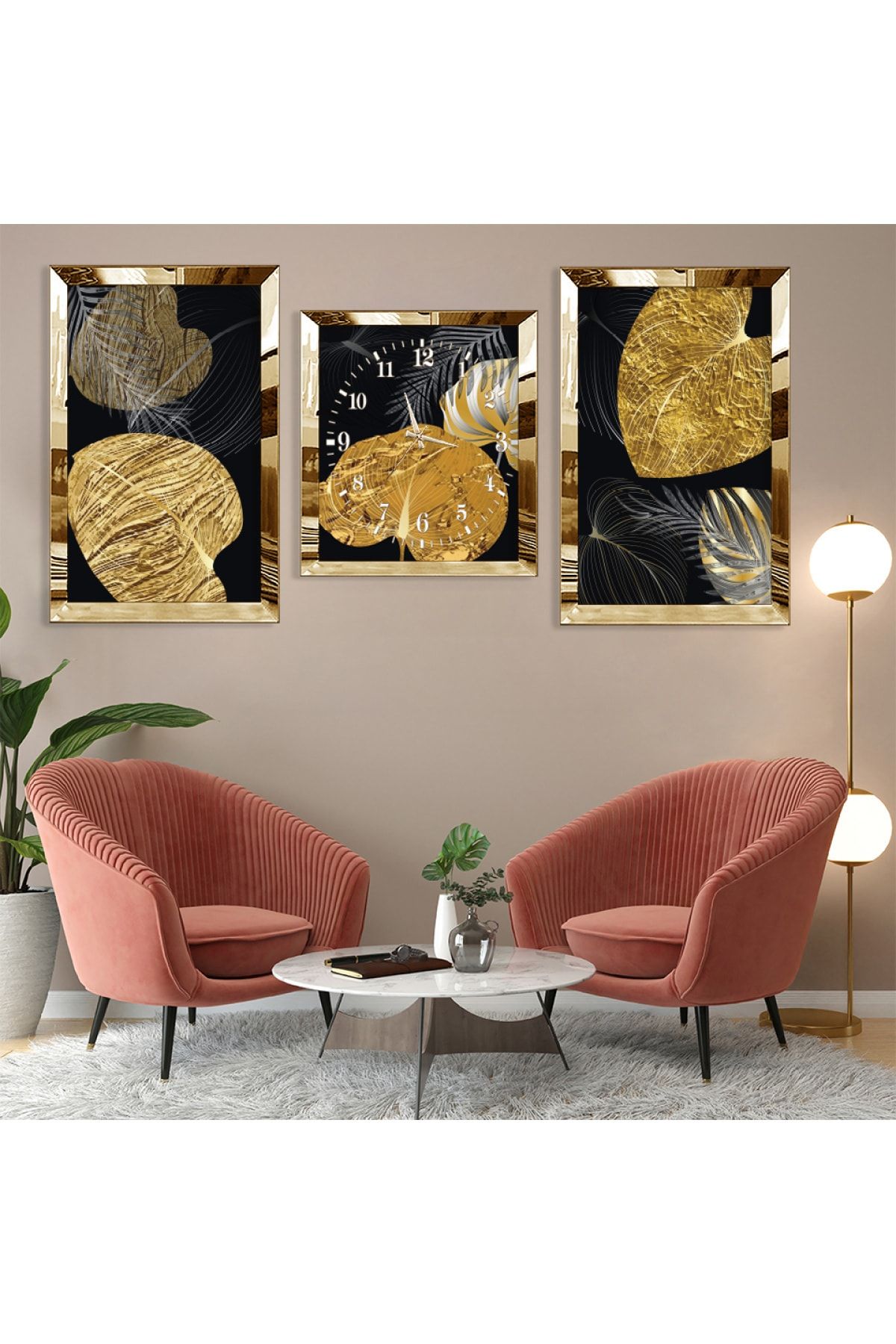 Zevahir Mobilya Dekorasyon Altın Bitki Soyut Desen Gold Pleksi Kenar 3'lü Mdf Tablo Ve Saat Kombin