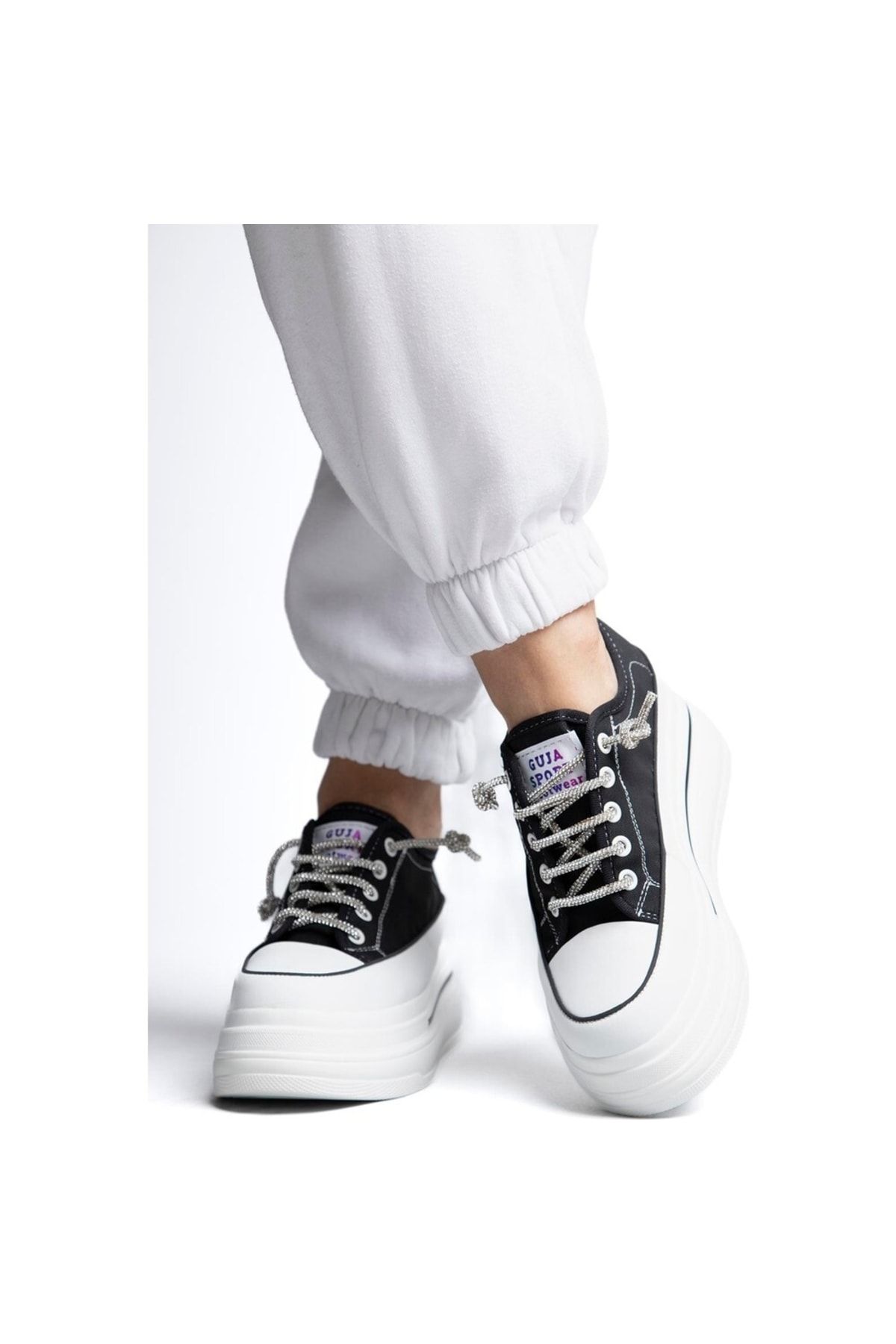 Guja 23Y345 Siyah Deri Kalın Platform Beyaz Taşlı Bağcıklı Fileli Ortopedik Sneaker Spor Ayakkabı