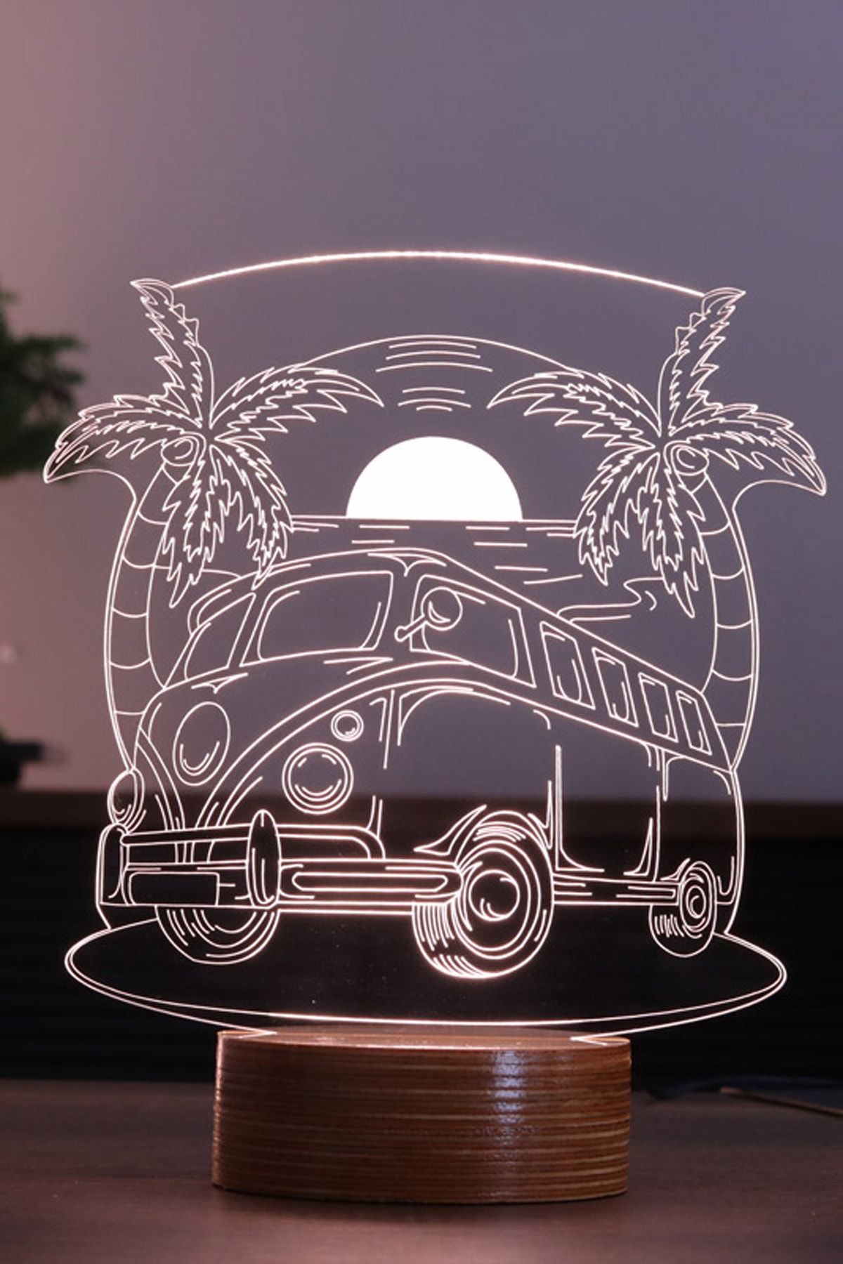 BY-LAMP Seyahat Otobüsü Led Lamba Ahşap Taban 7 Farklı Işık Renkli Gece Lambası Dekoratif Aydınlatma