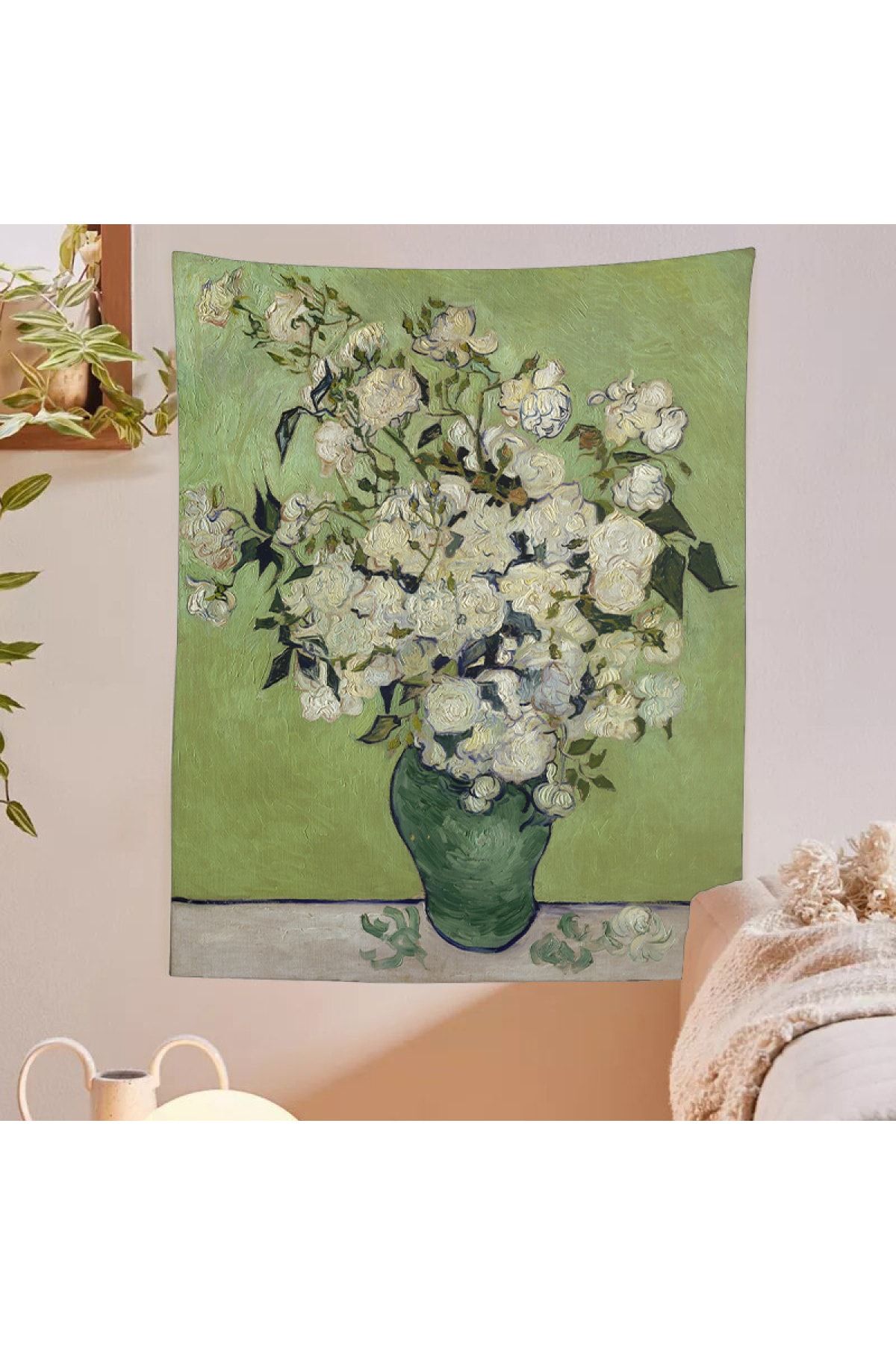 ALAMODECOR Van Gogh Pembe Beyaz Güllü Vazo Çiçek Duvar Örtüsü Duavar Sanatı Dekorasyonu Ünlü Tablo