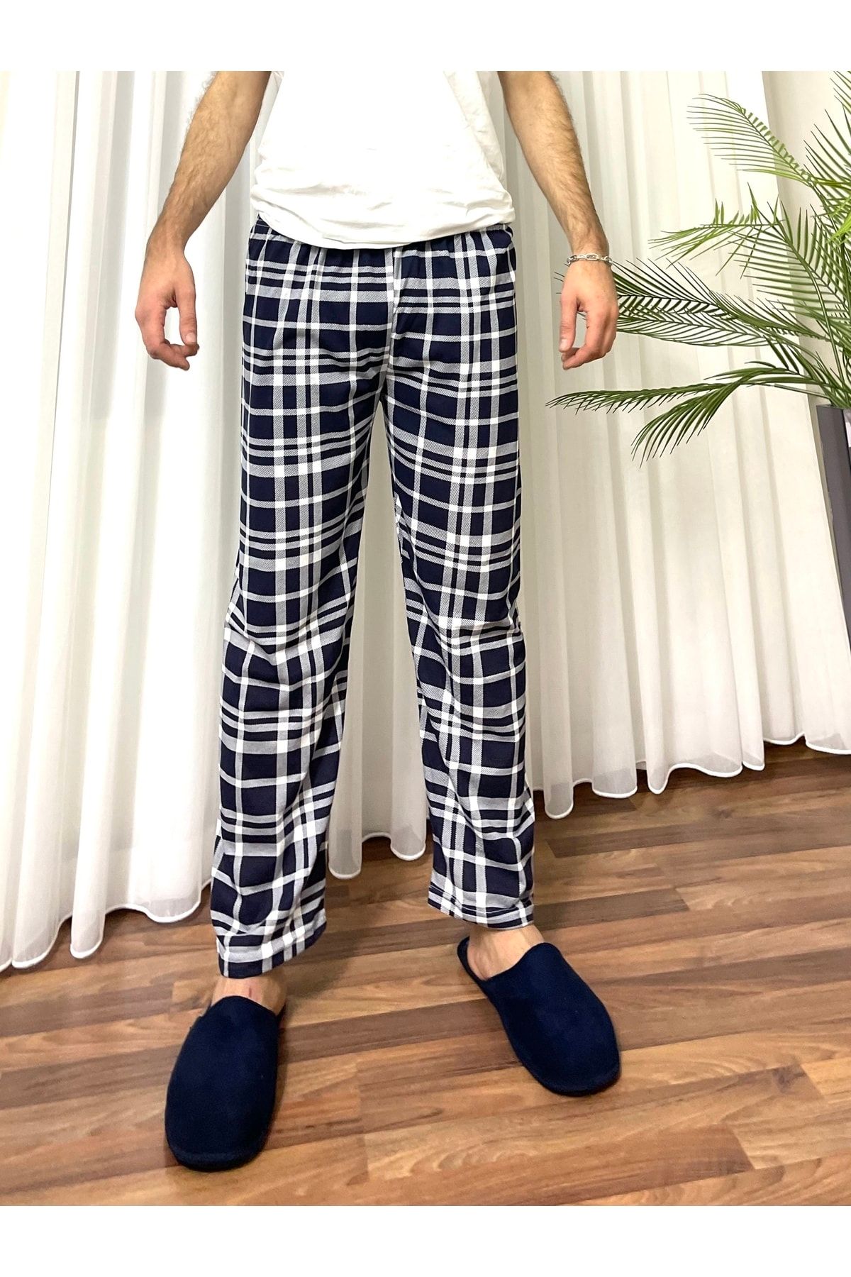 Betimoda Erkek Pamuklu Cepsiz Ekose Desenli Pijama Altı Eşofman Lacivert Beyaz Kareli