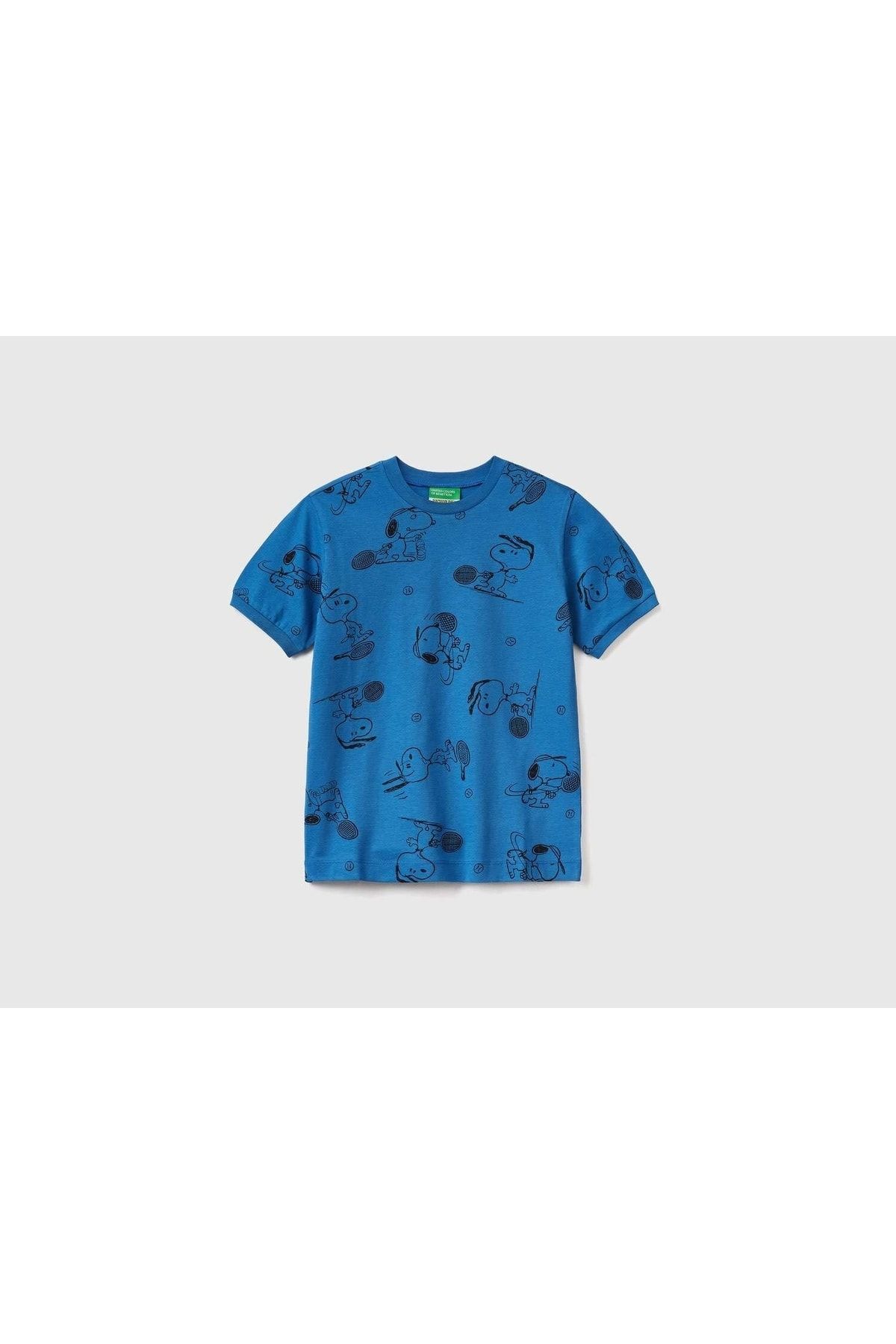 United Colors of Benetton Erkek Çocuk Mavi Mix Snoopy Desenli T-shirt