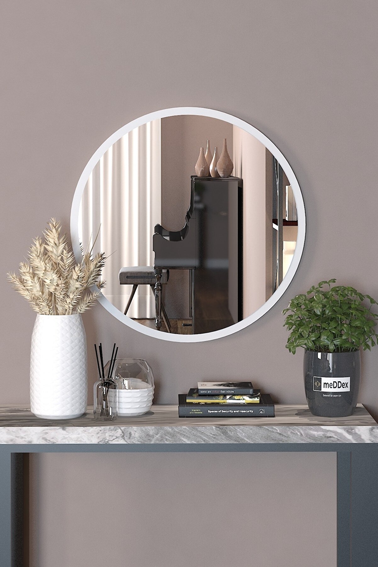 meDDex 45 Cm Beyaz Dekoratif Yuvarlak Antre Hol Koridor Duvar Salon Mutfak Banyo Ofis Aynası 45 Ayna