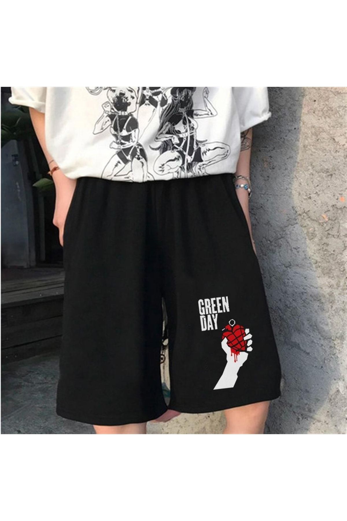 Gofeel Green Day Desenli Siyah Renkli Unisex Penye Şort