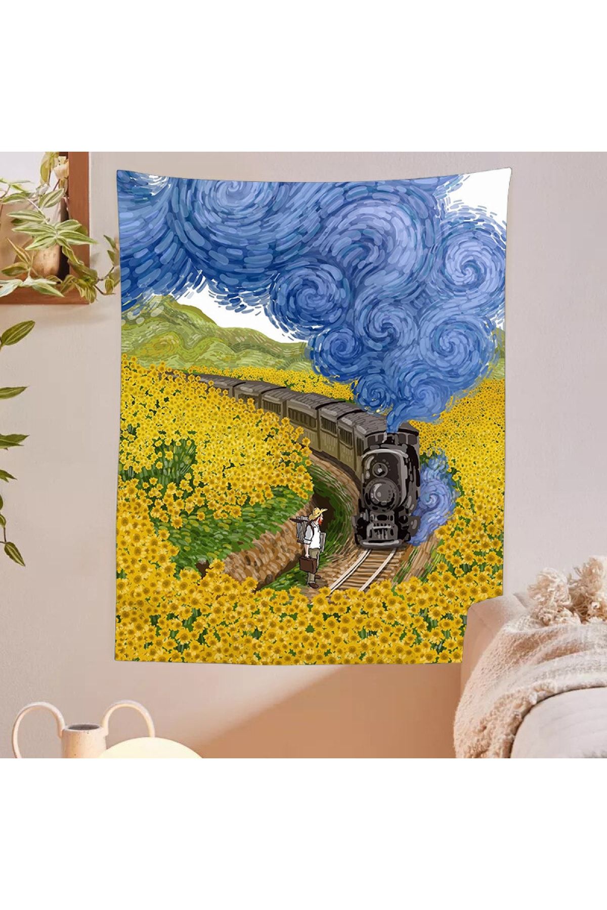 ALAMODECOR Van Gogh Ayçiçeği Tren Tarla Bulutlar Manzara Duvar Örtüsü Duavar Sanatı Dekorasyonu Ünlü Tablo