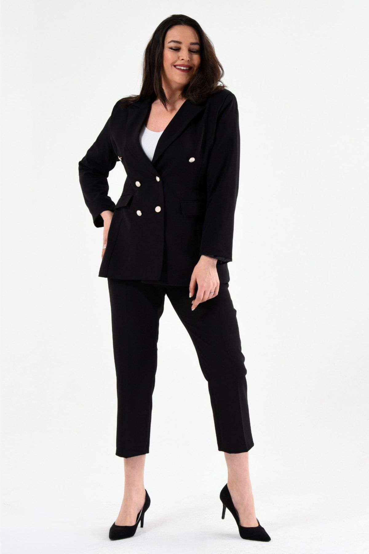 SİZ Kadın Siyah Blazer Ceket Kemerli Cepli Boru Paça Pantolon Büyük Beden Takım Elbise