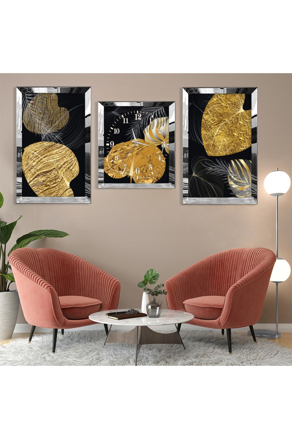 Zevahir Mobilya Dekorasyon Altın Bitki Soyut Desen Gümüş Pleksi Kenar 3'lü Mdf Tablo Ve Saat Kombin