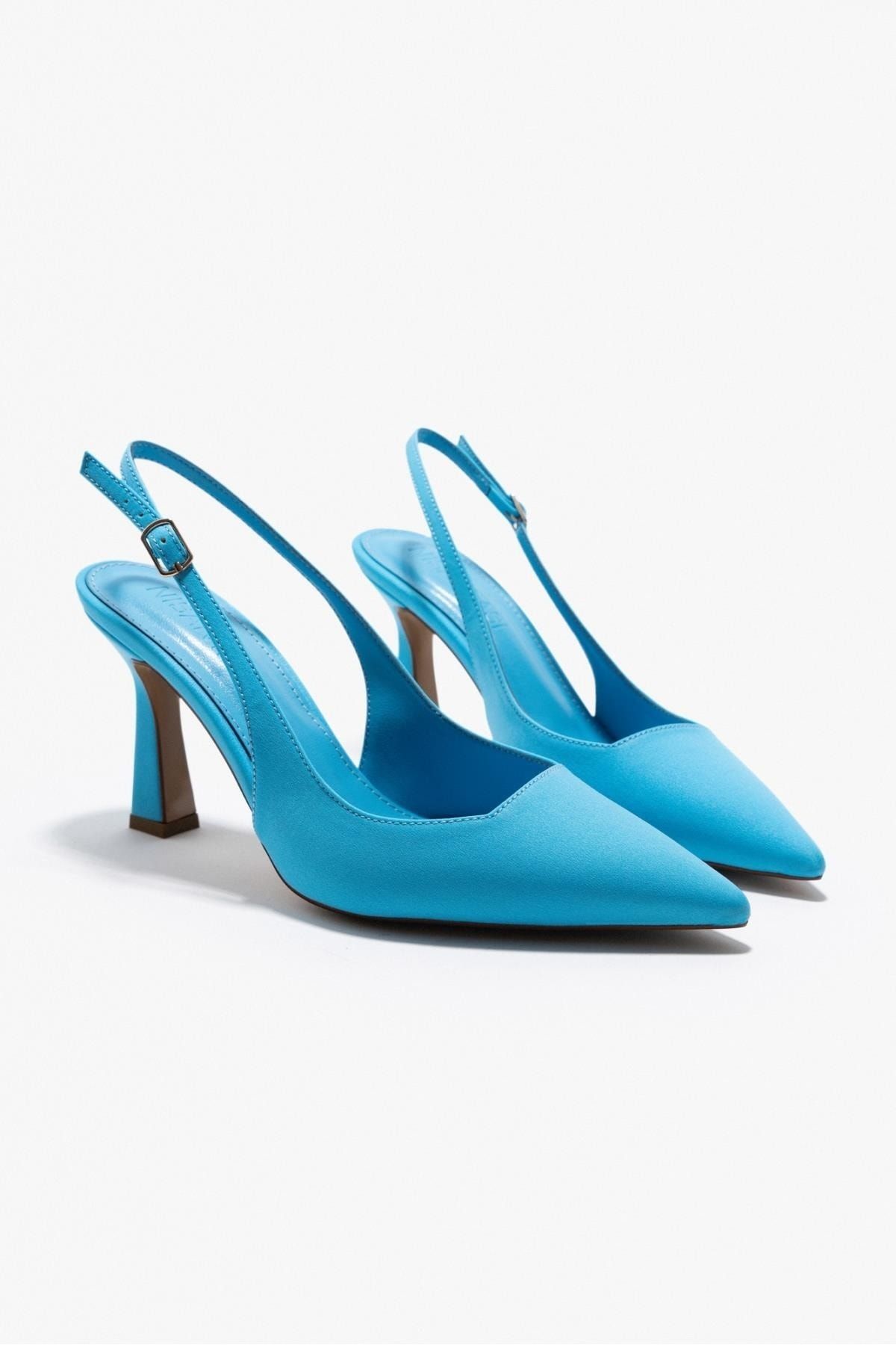 NİŞANTAŞI SHOES Mystic Açık Mavi Saten Sivri Burun Arka Bağlı Kadın Topuklu Ayakkabı