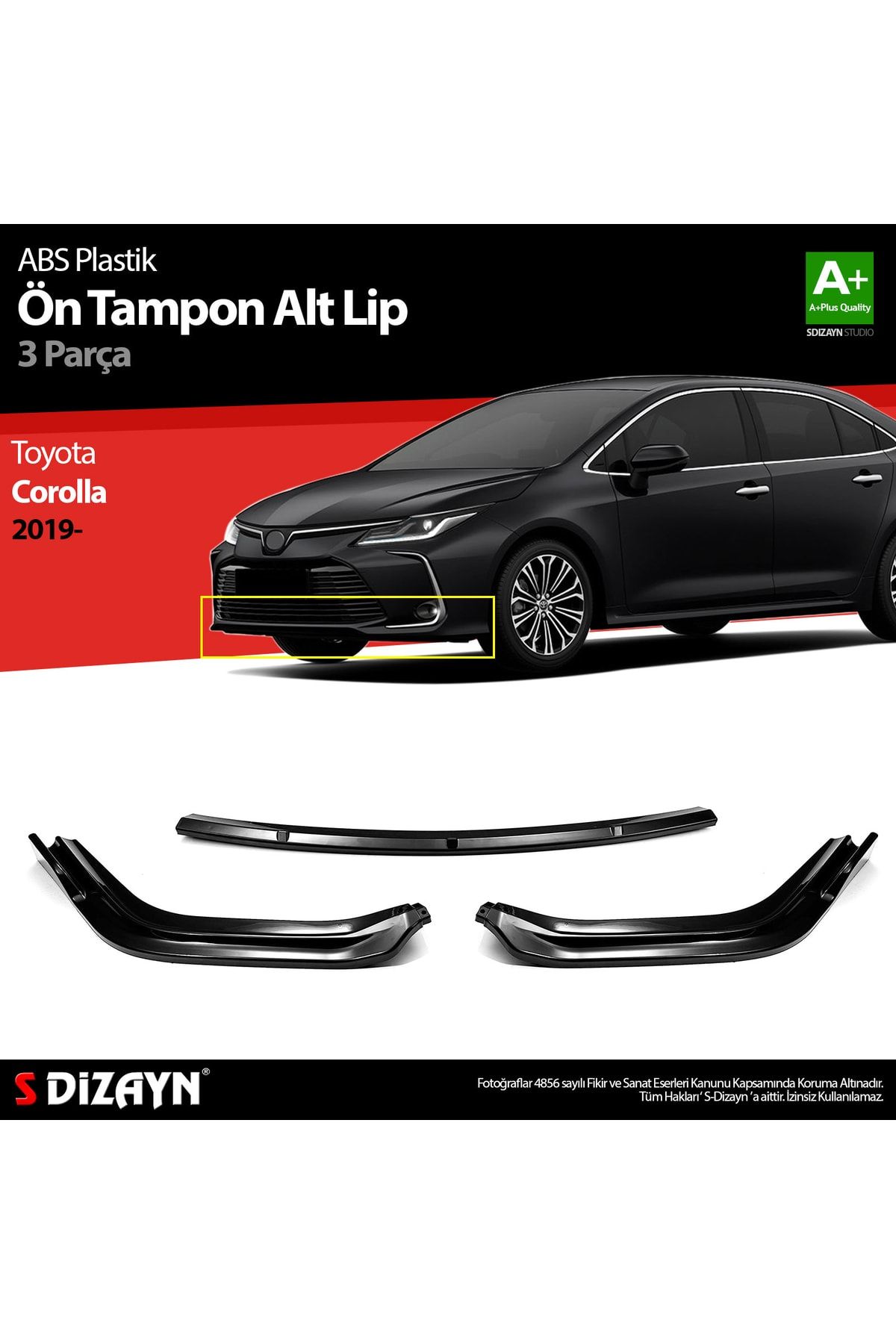 S Dizayn S-dizayn Toyota Corolla Abs Plastik Ön Tampon Alt Lip 3 Prç. 2019 Üzeri A+kalite