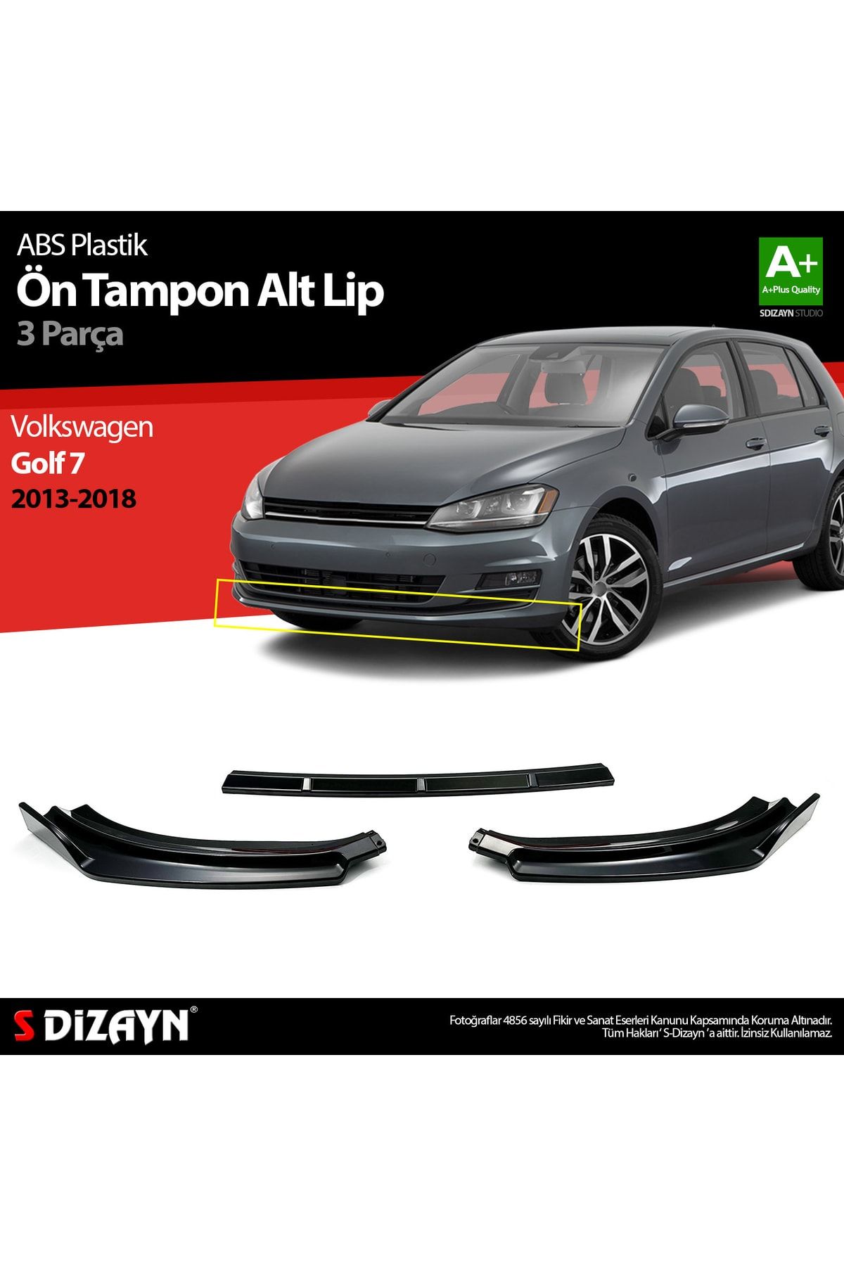 S Dizayn S-dizayn Vw Golf 7 Abs Plastik Ön Tampon Alt Lip 3 Prç. 2013-2018 A+kalite