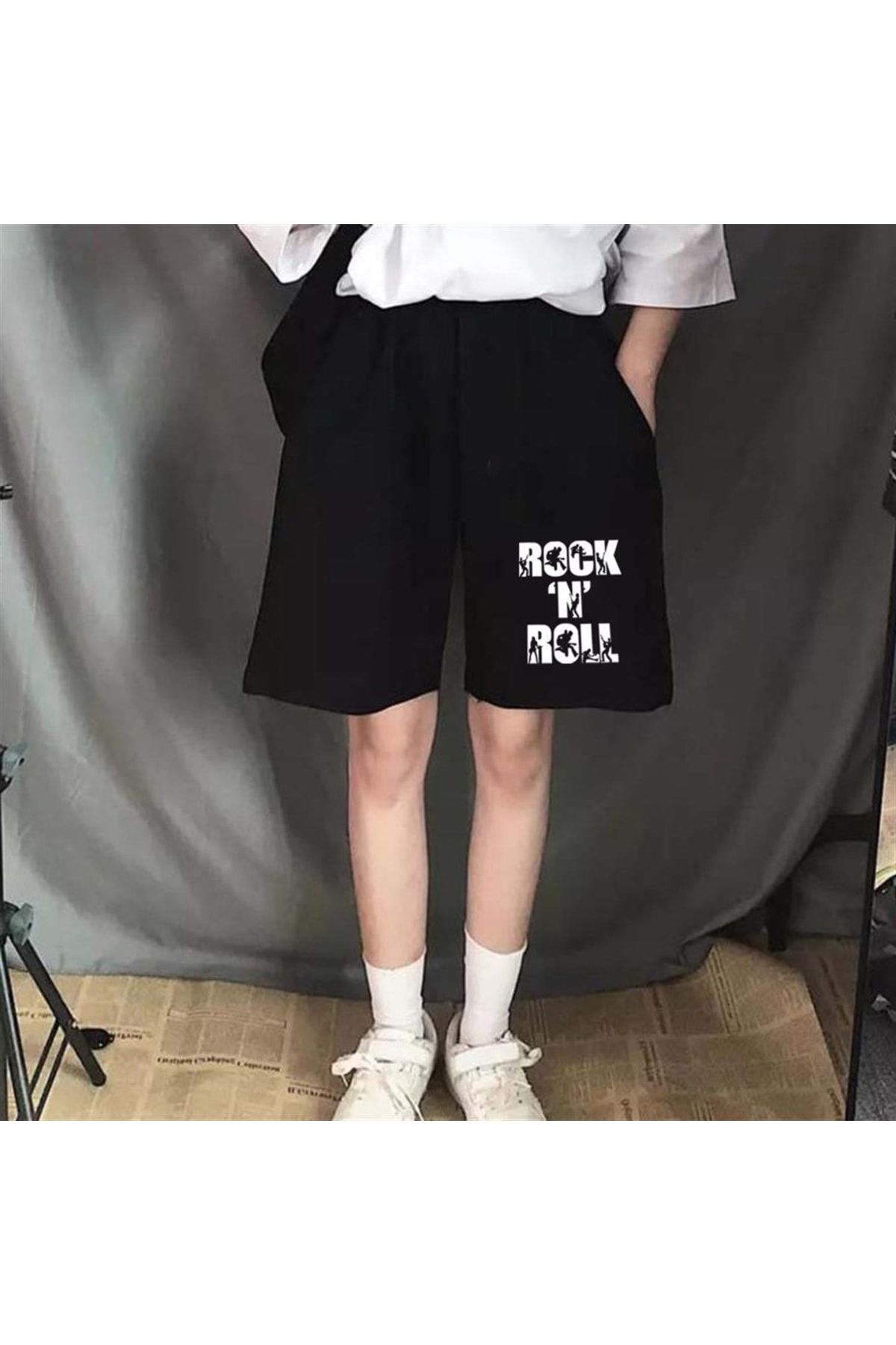 Gofeel Rock 'n' Roll Desenli Siyah Renkli Unisex Penye Şort