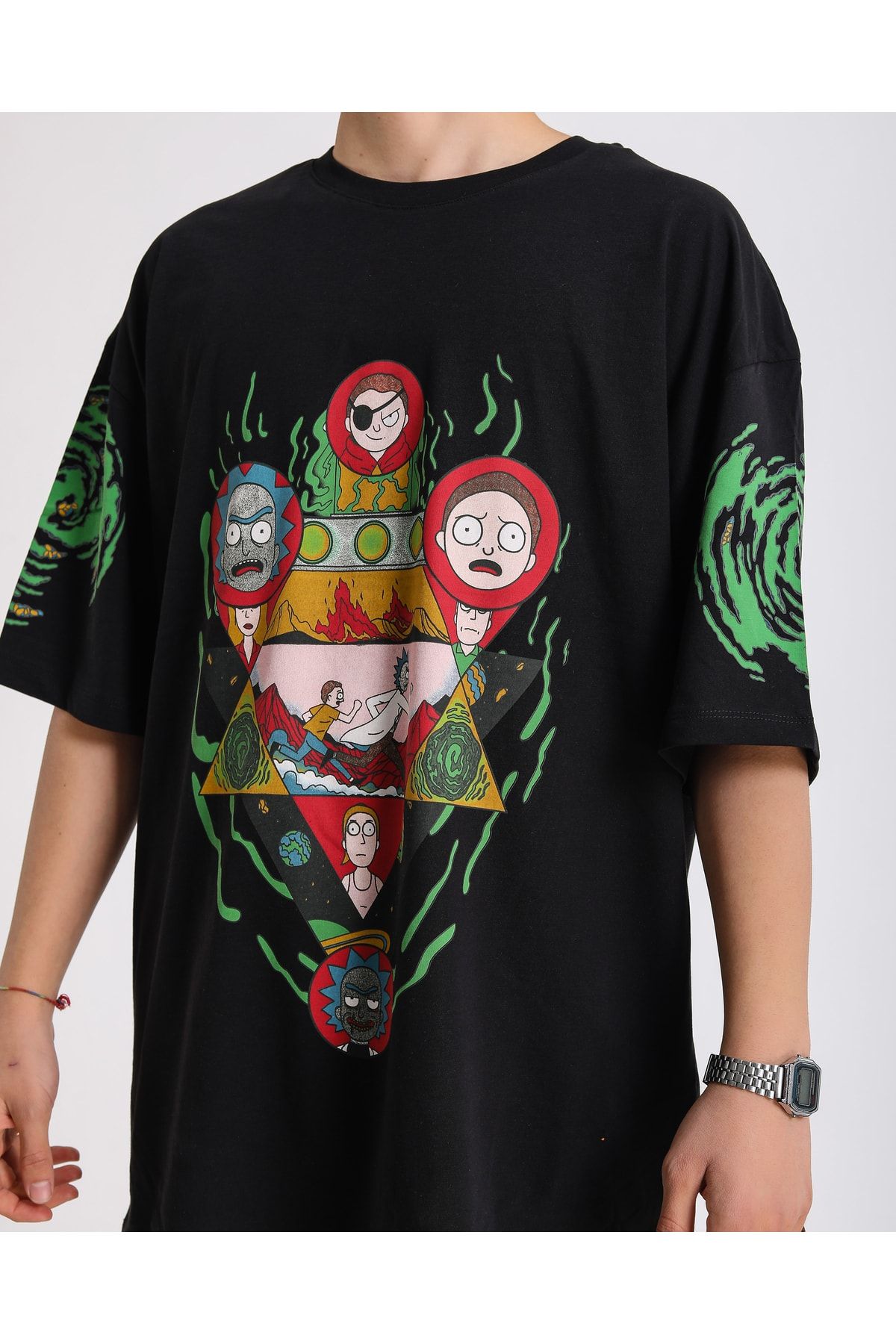 Renkli Store Bsc Oversize Rick And Morty Ön Ve Kol Baskılı Unisex T-shirt - Siyah