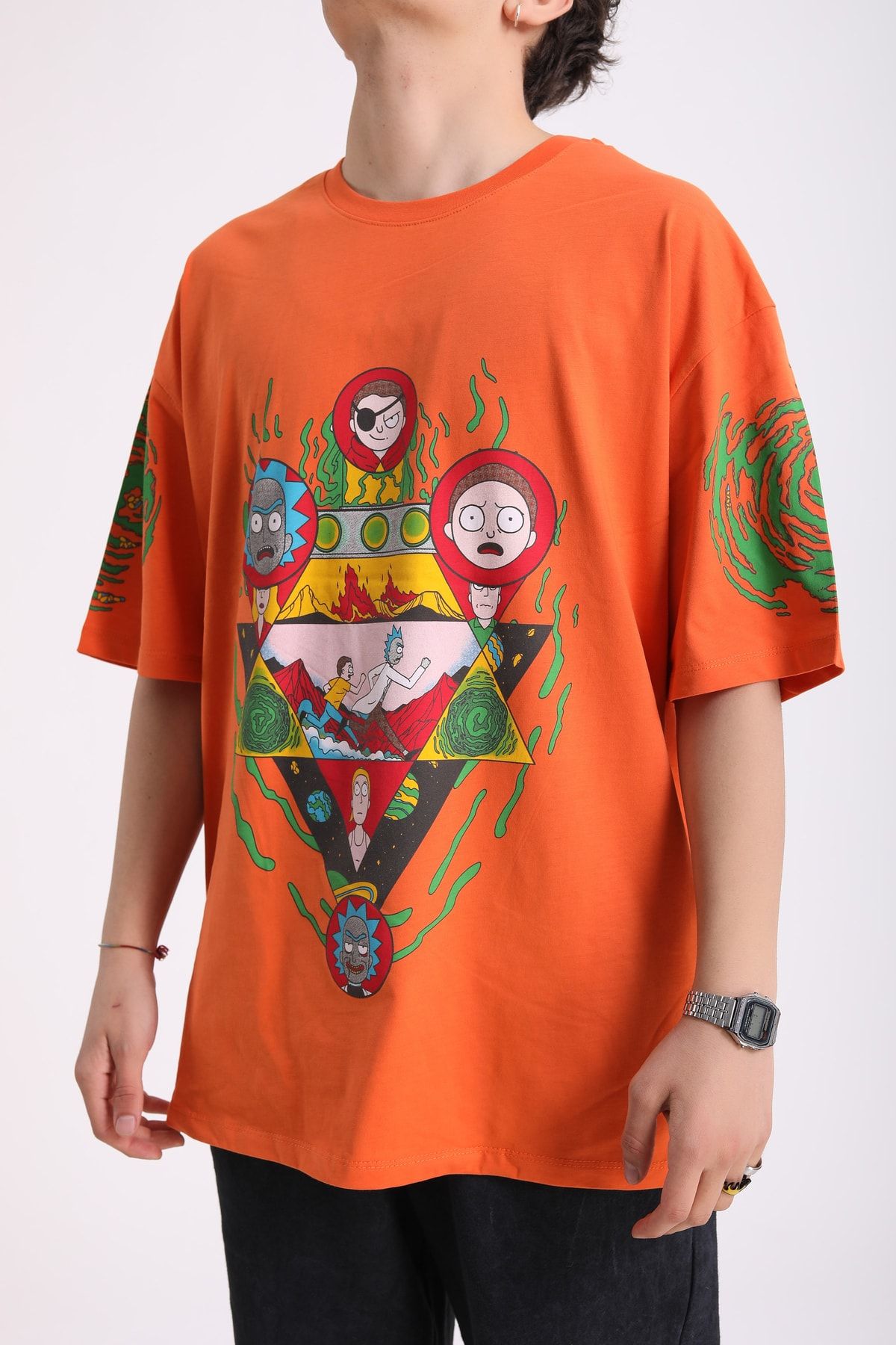 Renkli Store Bsc Oversize Rick And Morty Ön Ve Kol Baskılı Unisex T-shirt - Turuncu