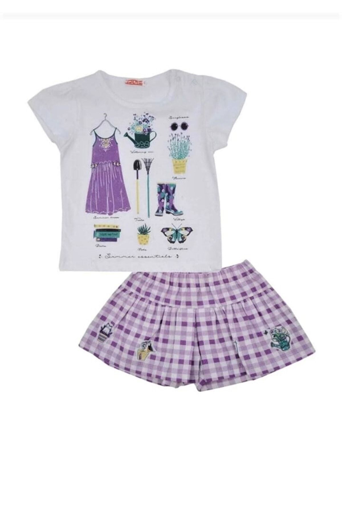 Zeyland Kız Çocuk %100 Pamuk&cotton Beyaz Renk T-shirt Lila Renk Ekose Şort Alt Üst 2'li Takım