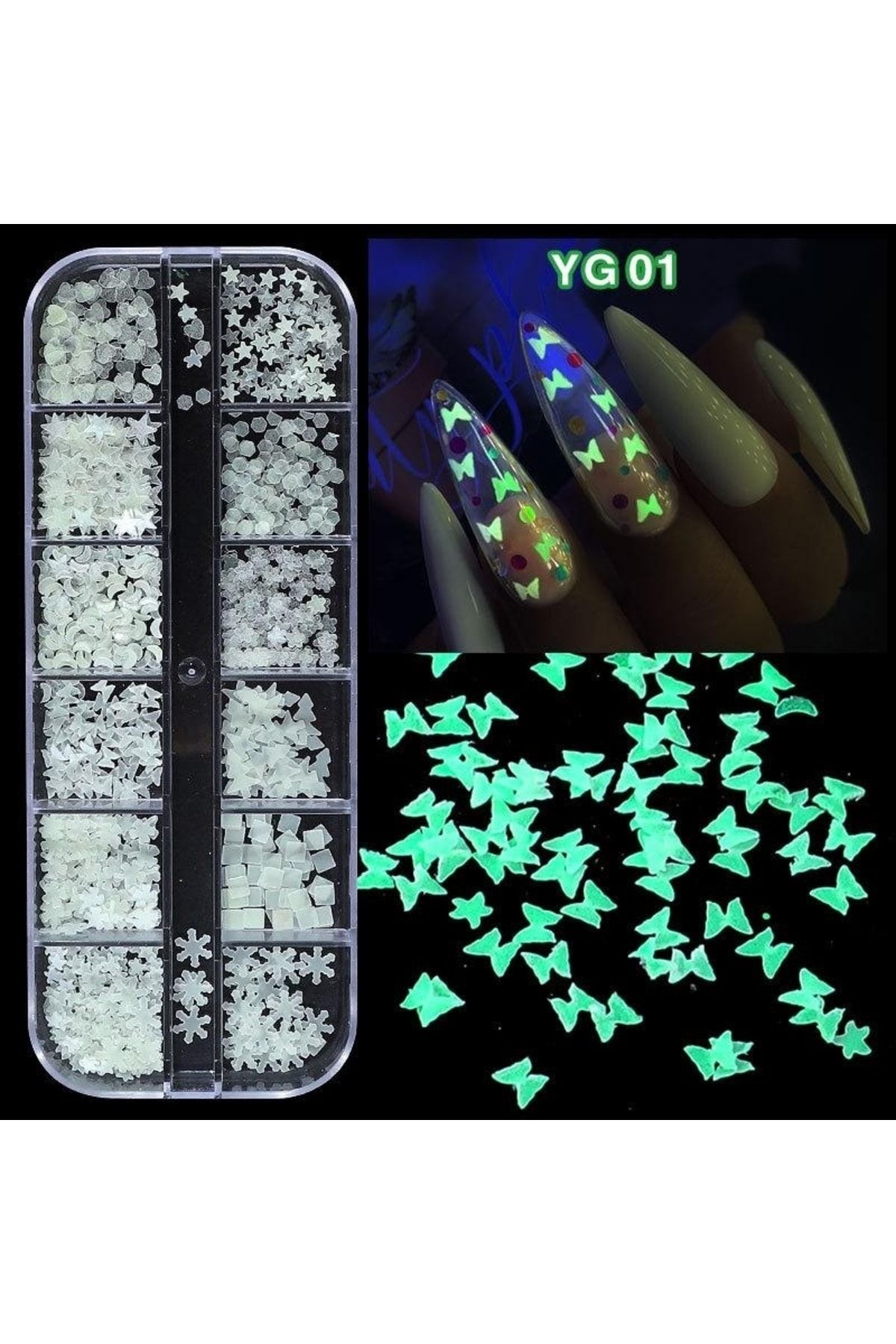 Venalisa 12'li Protez Tırnak Süsleme Nail Art Neon Fosforlu Figürler