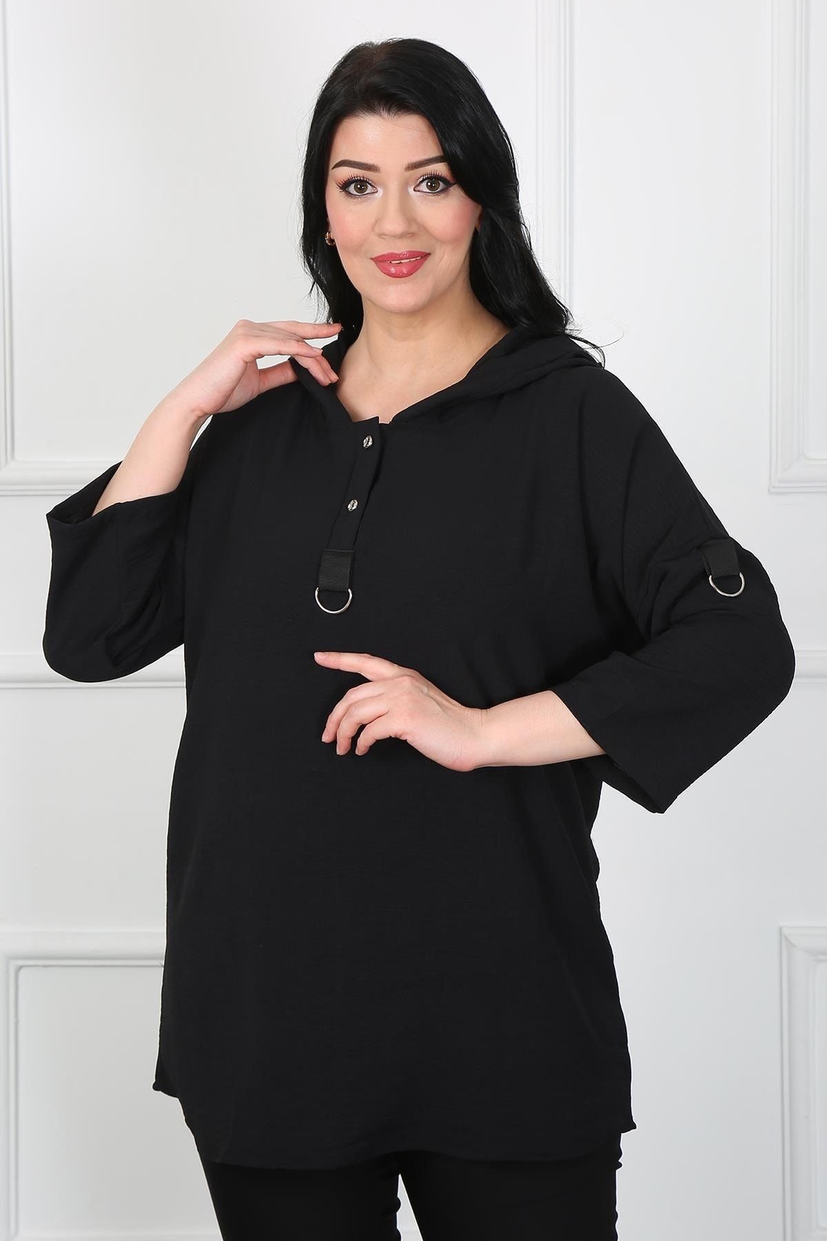 By Alba Collection Kadın Siyah Kapüşonlu Ayrobin Büyük Beden Gömlek