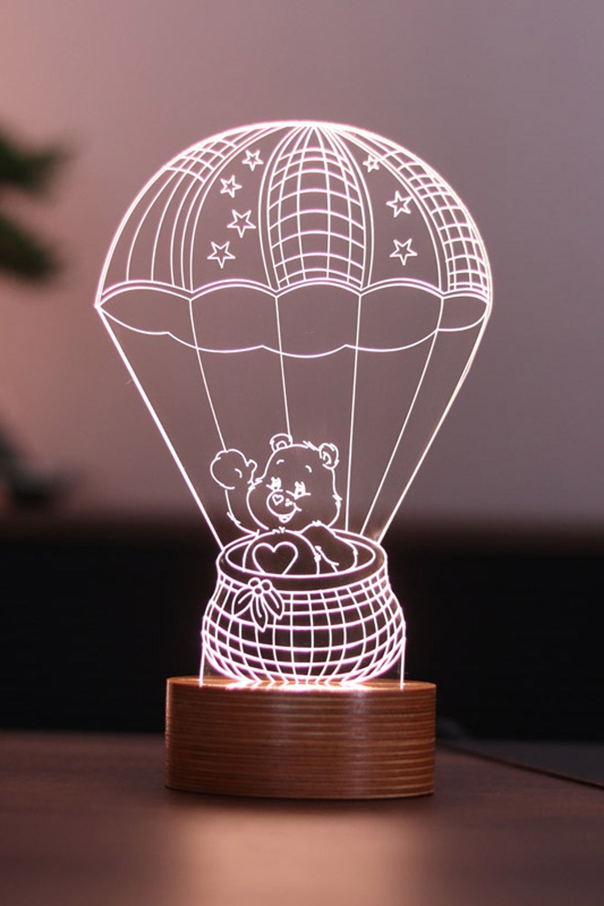 BY-LAMP Paraşütçü Ayı Figürlü Dekoratif Hediye Led Masa Lambası | 7 Işık Rengi | Ahşap Taban