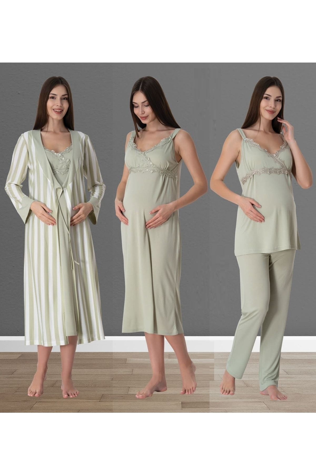 by İGP Effortt Yeşil Kadın Hamile Lohusa Sabahlıklı Gecelik ve Pijama Set Takım 9036