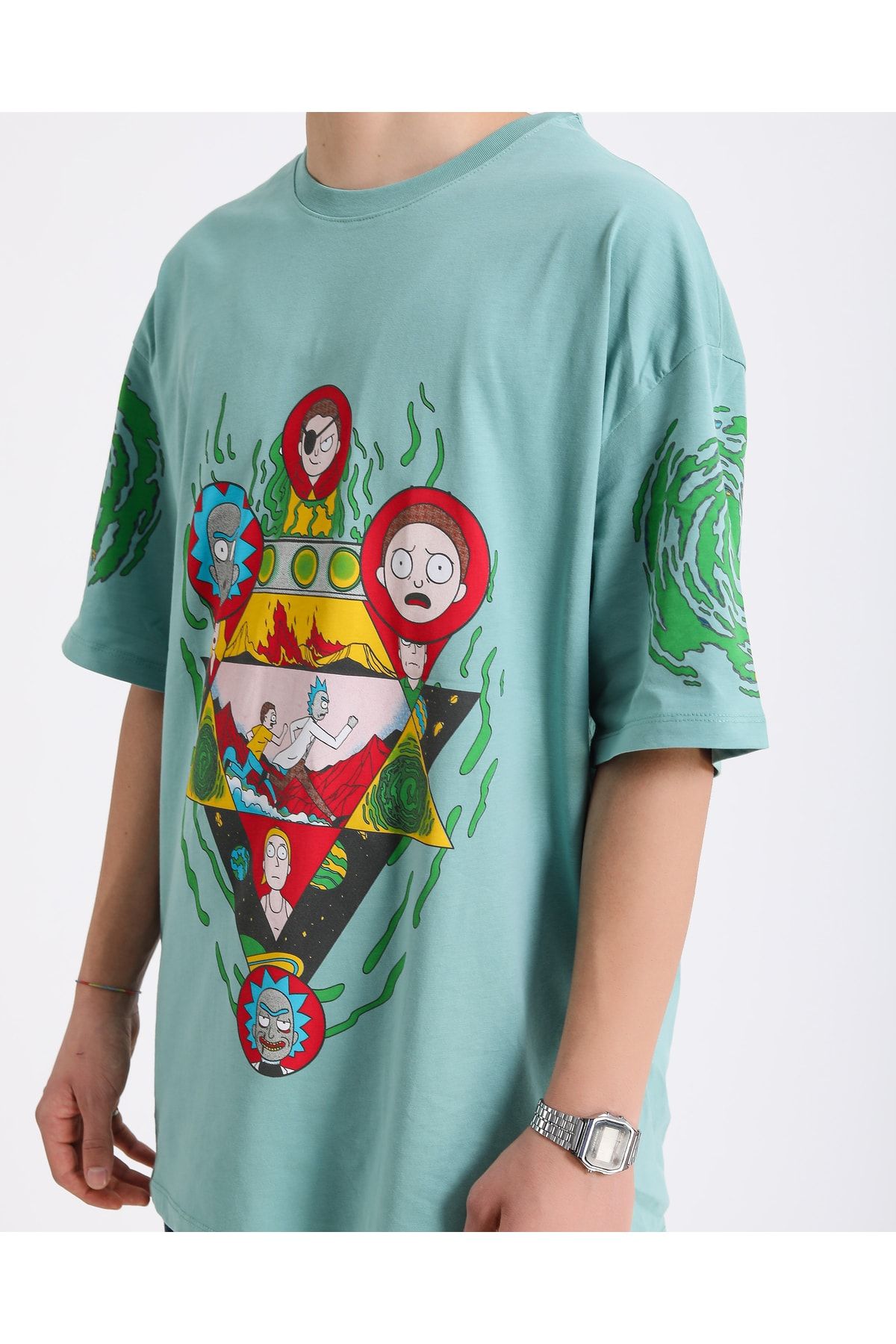 Renkli Store Bsc Oversize Rick And Morty Ön Ve Kol Baskılı Unisex T-shirt - Mint Yeşil