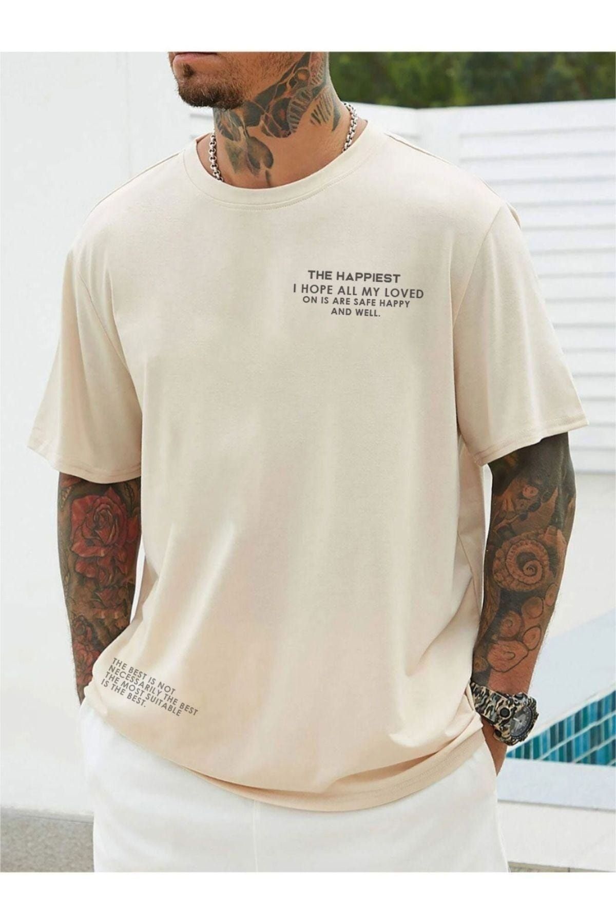 NİCE Marecash Unisex Bej Happiest Baskılı Oversize T-shirt