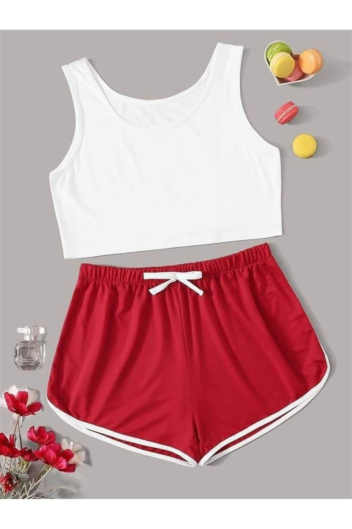 Pembishomewear Kadın Kırmızı Beyaz Askılı Şort Takımı